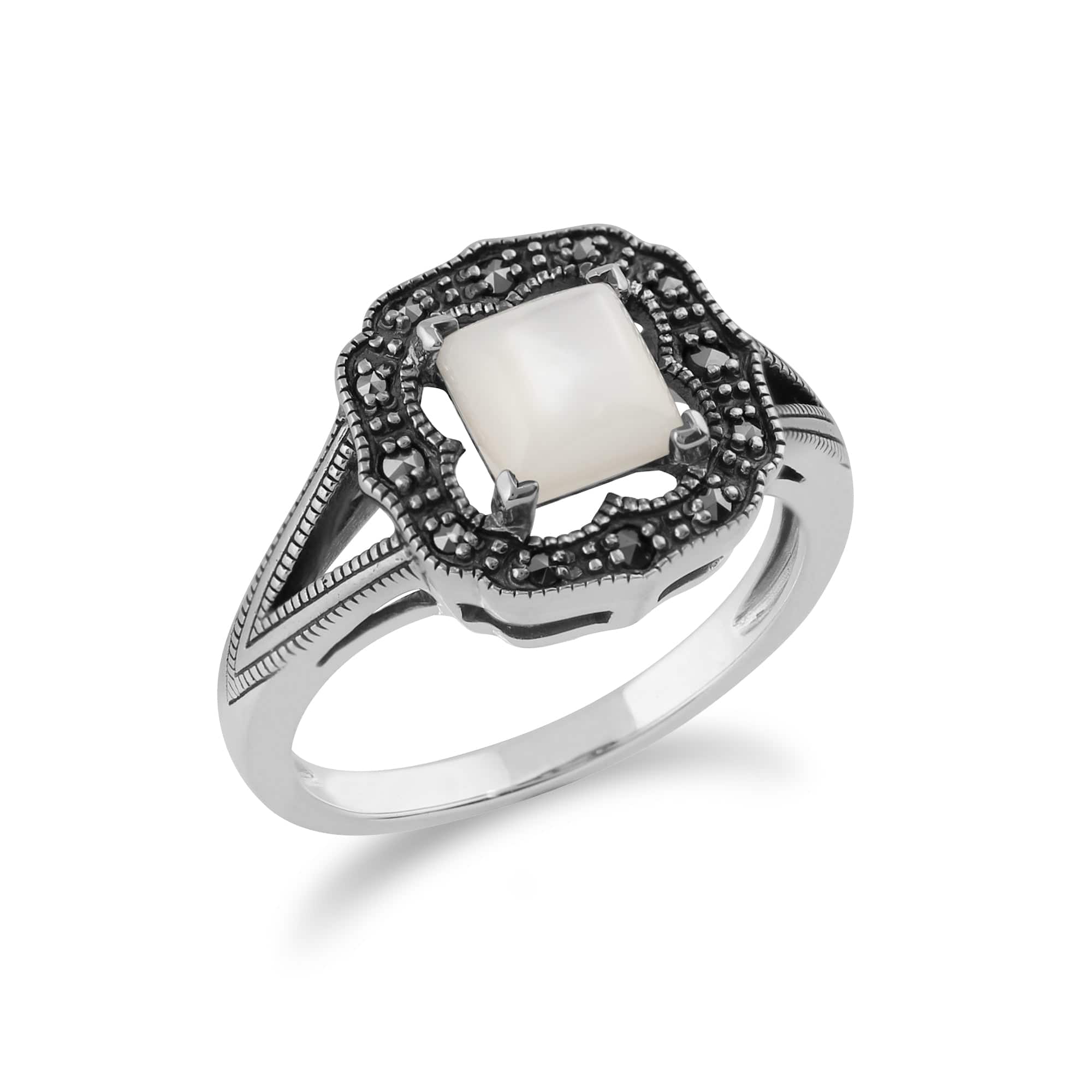 214R585802925 Gemondo 925 Sterling Silver 0.58ct Mother of Pearl & Marcasite Art Deco Ring 2