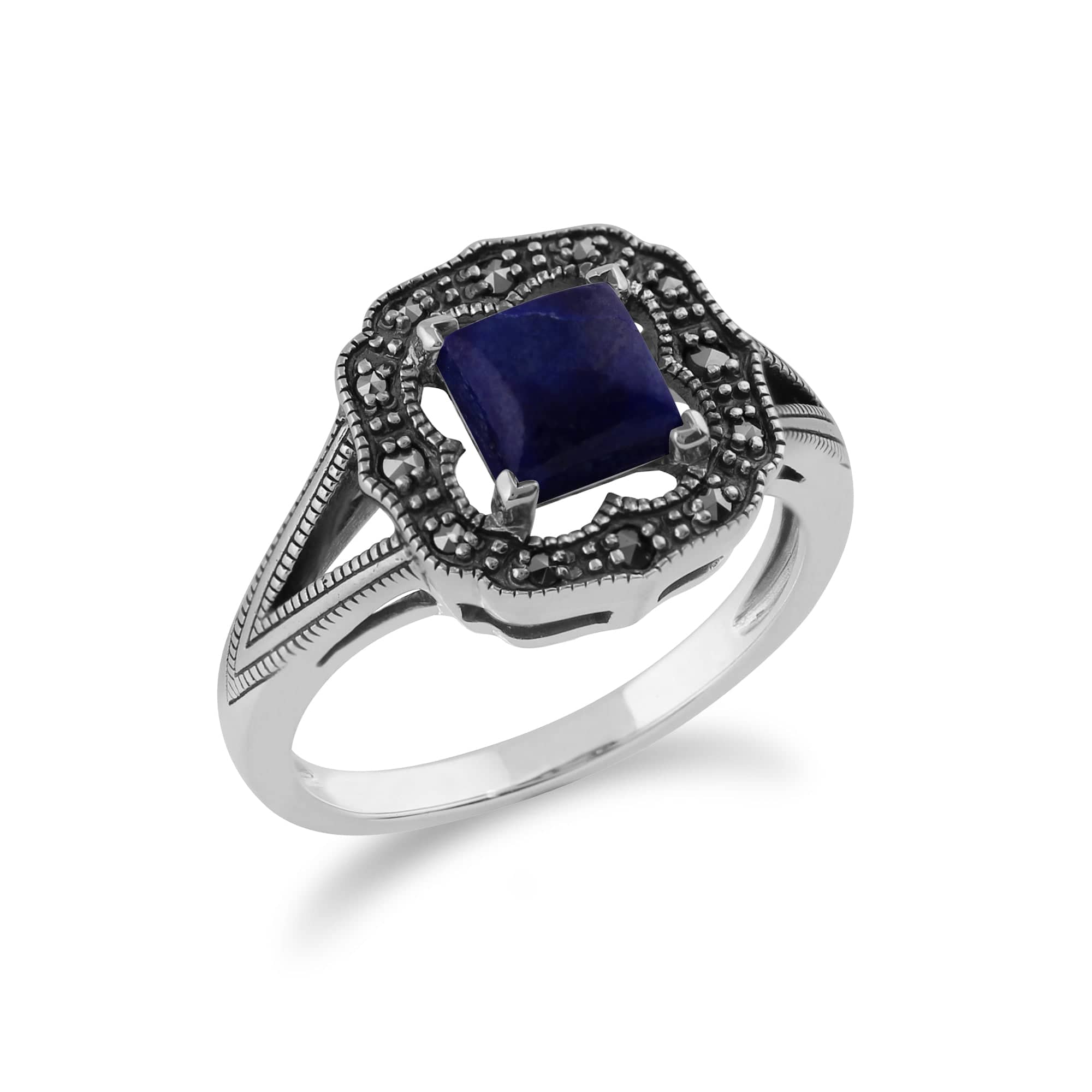 Gemondo 925 Sterling Silver 0.58ct Lapis Lazuli & Marcasite Art Deco Ring Image 2