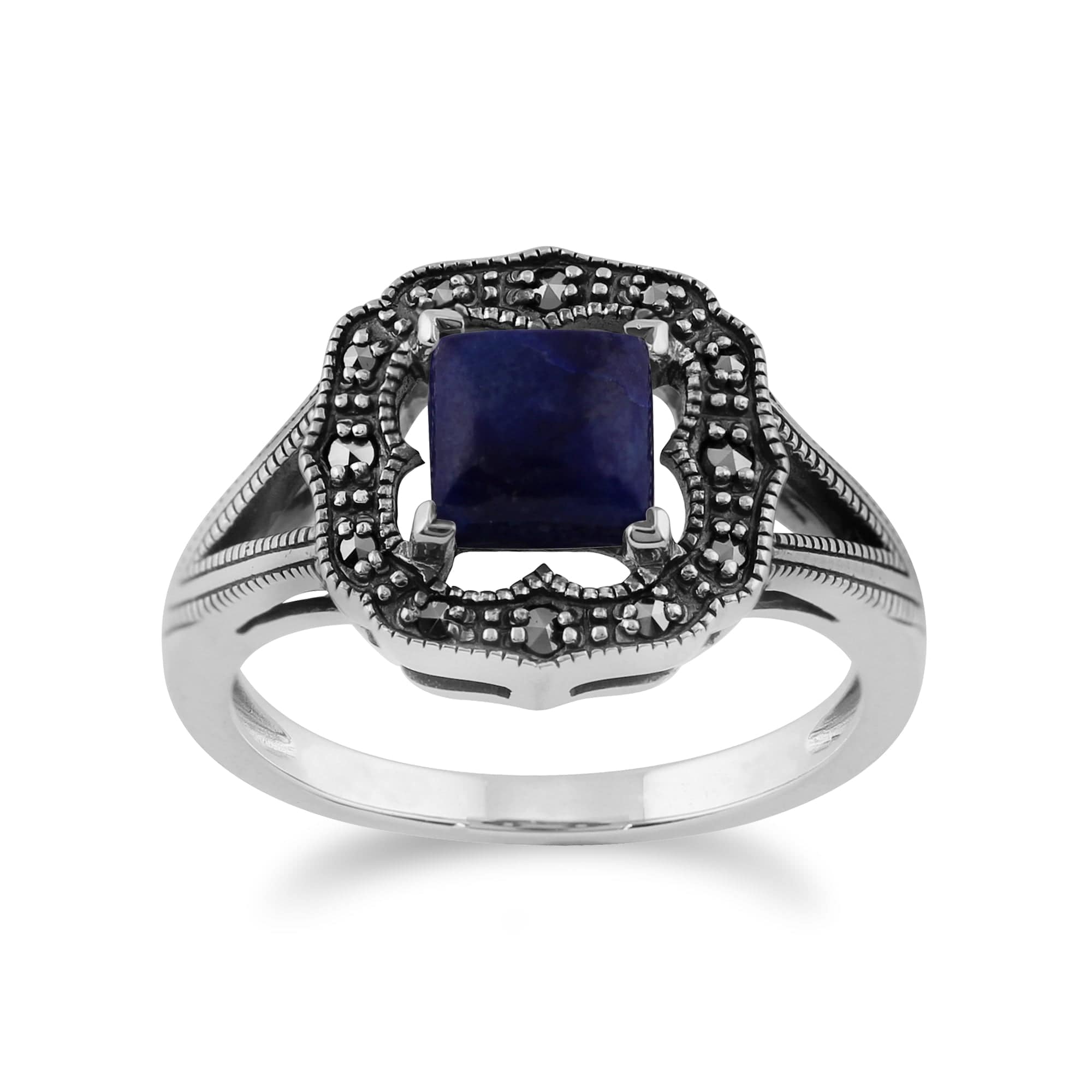 Gemondo 925 Sterling Silver 0.58ct Lapis Lazuli & Marcasite Art Deco Ring Image 1