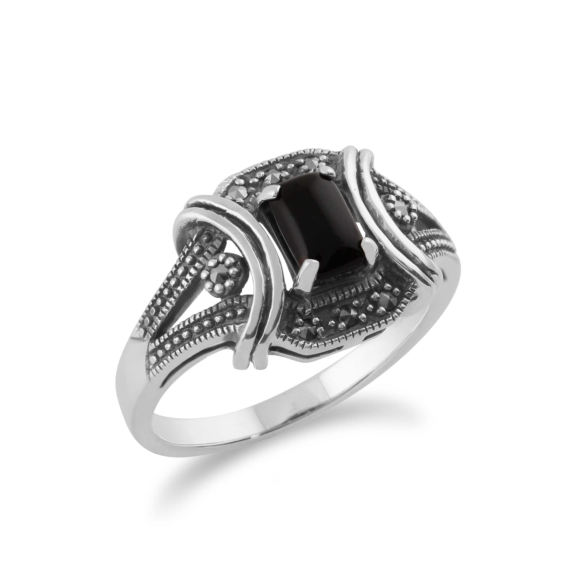 214R586801925 Art Deco Style Black Onyx Cabochon & Marcasite Ring in 925 Sterling Silver 2