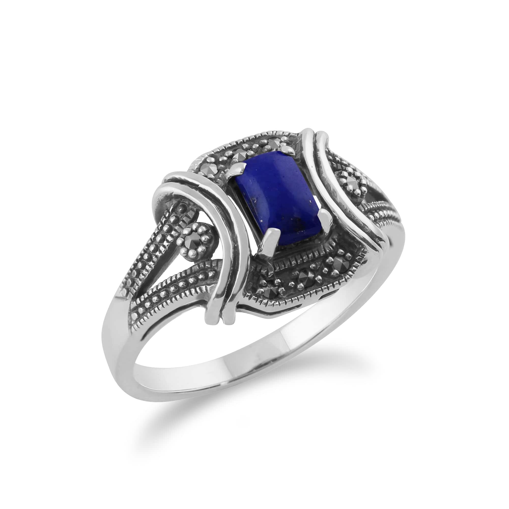 Gemondo 925 Sterling Silver 0.52ct Lapis Lazuli & Marcasite Art Deco Ring Image 2