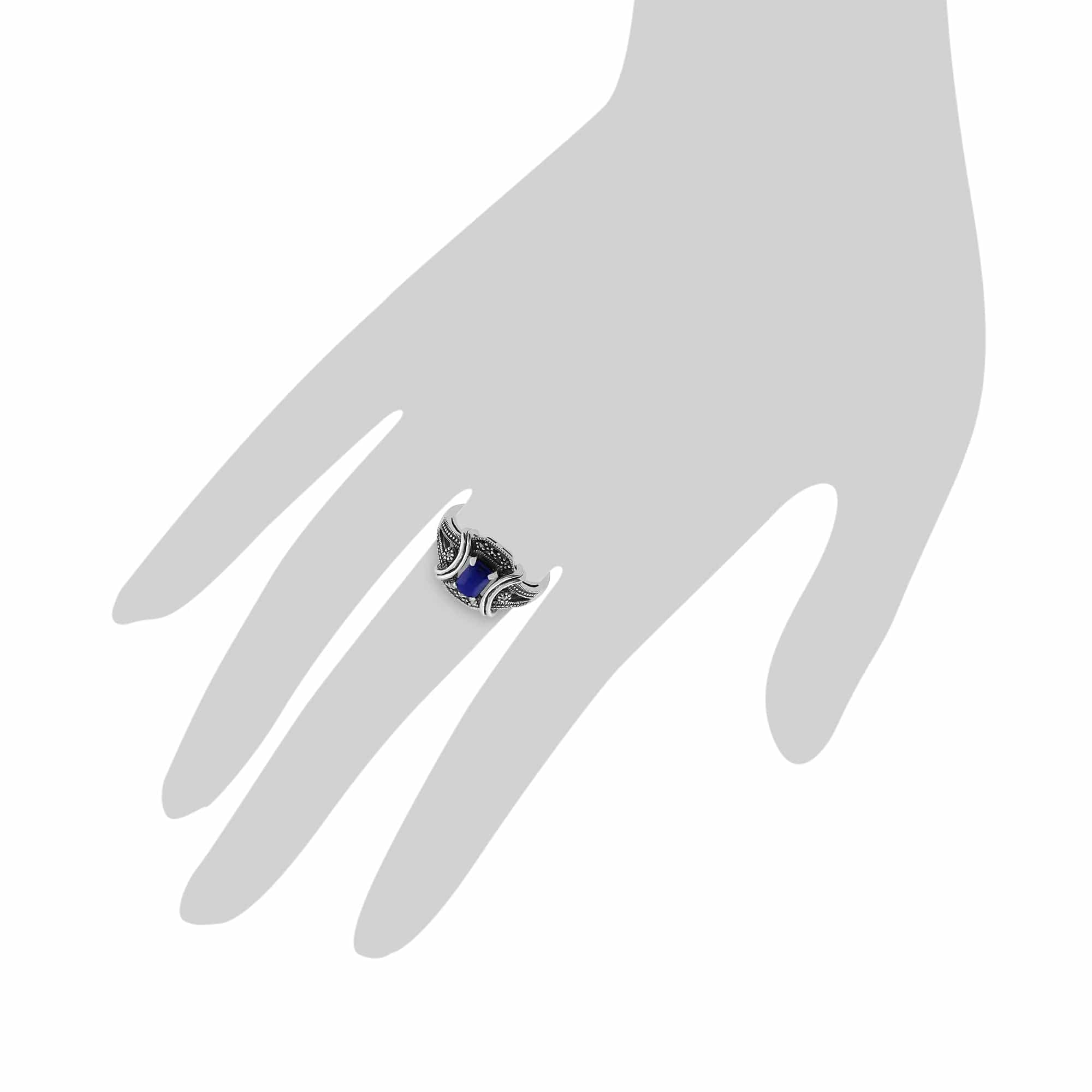Gemondo 925 Sterling Silver 0.52ct Lapis Lazuli & Marcasite Art Deco Ring Image 3