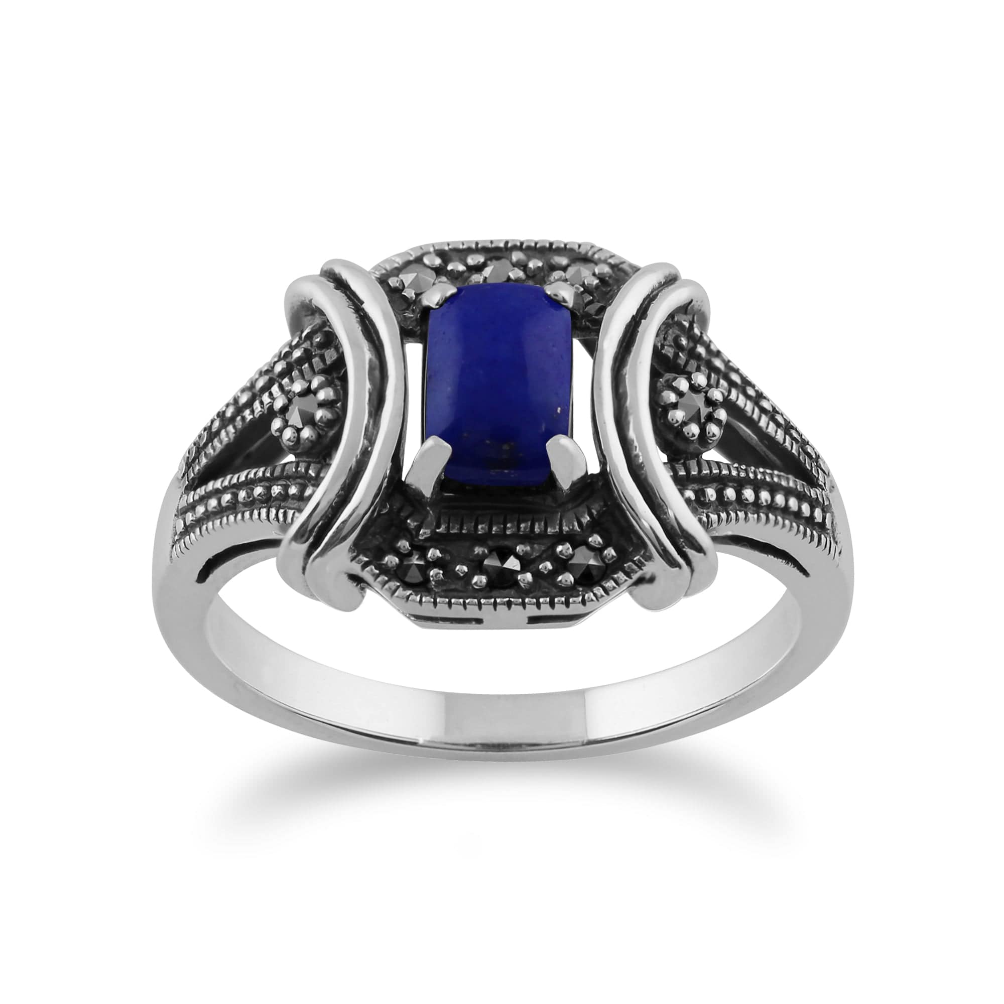 Gemondo 925 Sterling Silver 0.52ct Lapis Lazuli & Marcasite Art Deco Ring Image 1