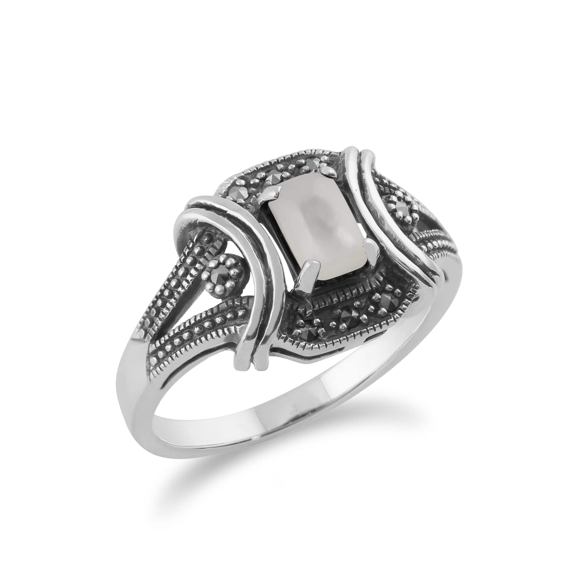 Art Deco Style Mother of Pearl Cabochon & Marcasite Ring in 925 Sterling Silver - Gemondo