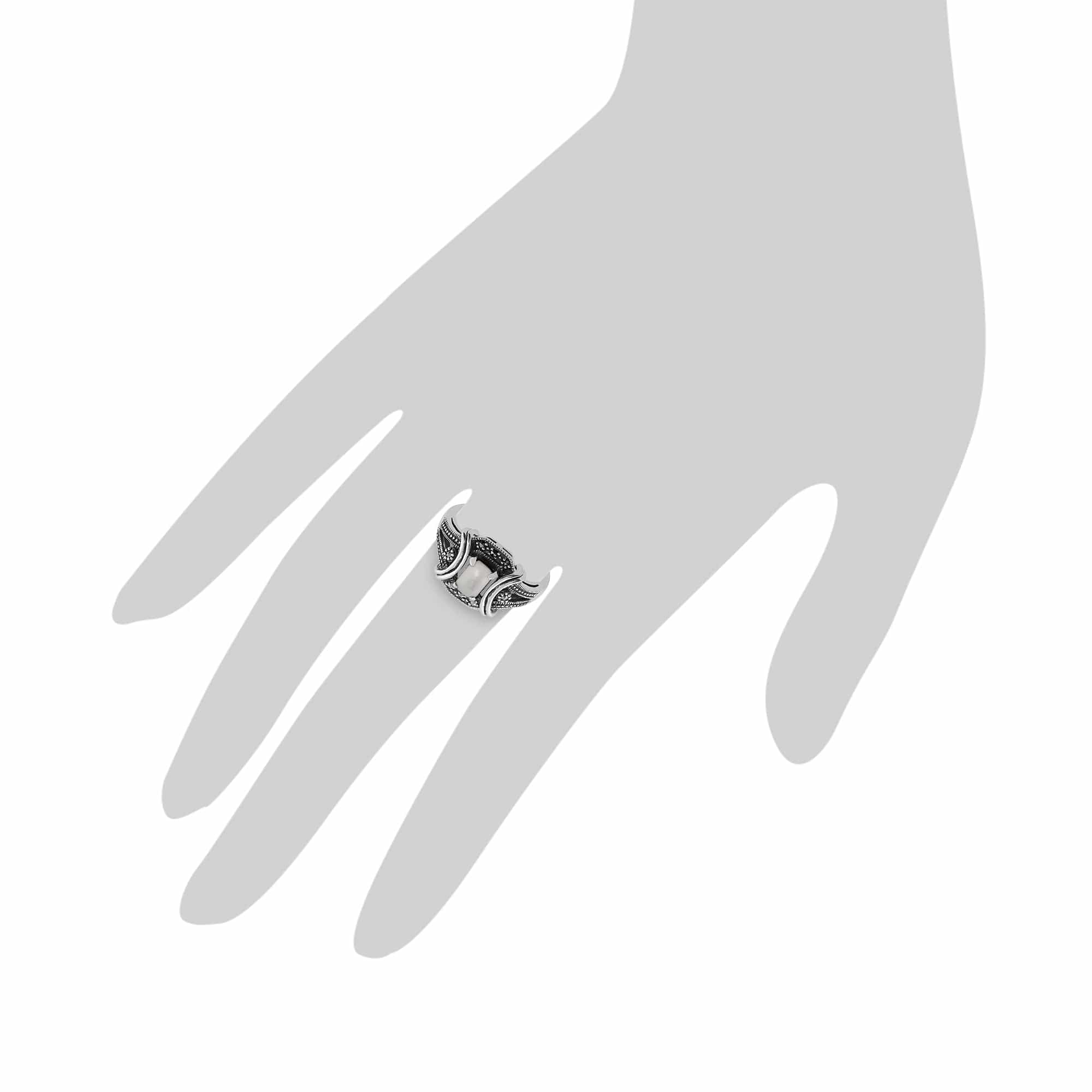 Art Deco Style Mother of Pearl Cabochon & Marcasite Ring in 925 Sterling Silver - Gemondo
