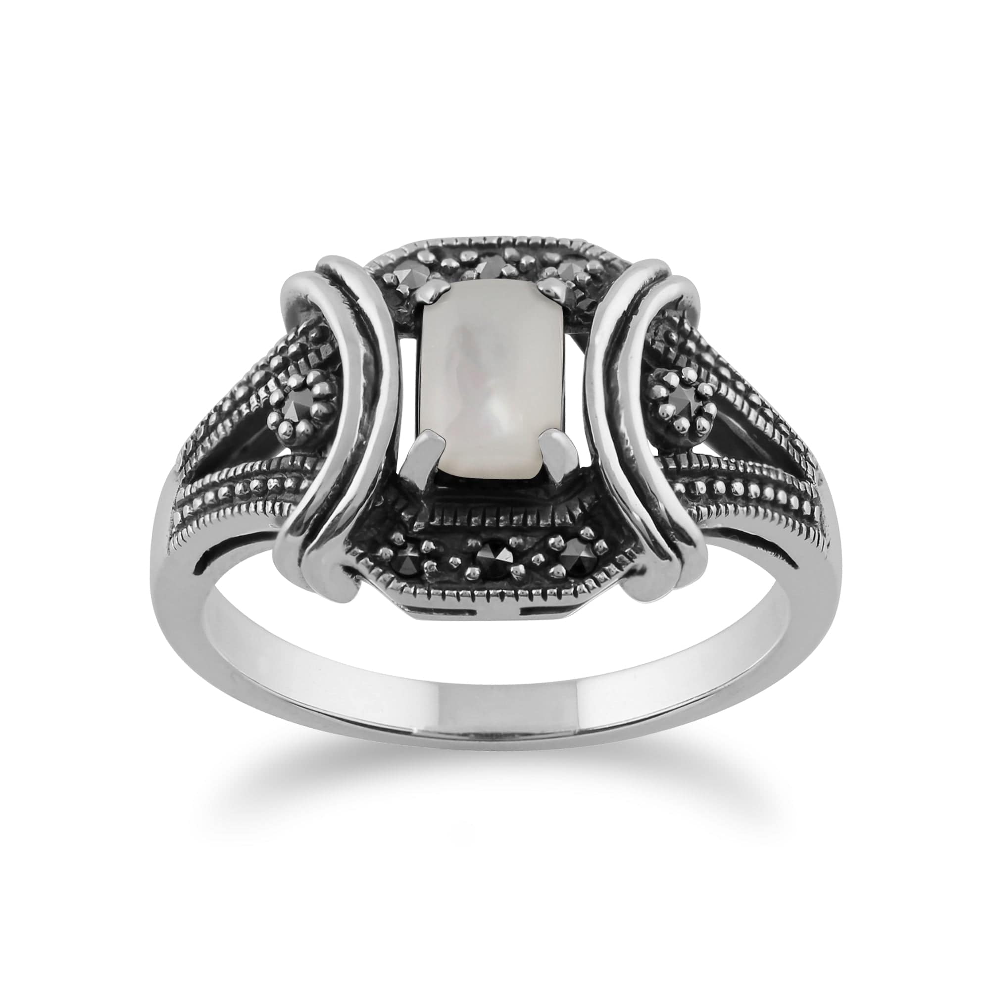 Art Deco Style Mother of Pearl Cabochon & Marcasite Ring in 925 Sterling Silver - Gemondo