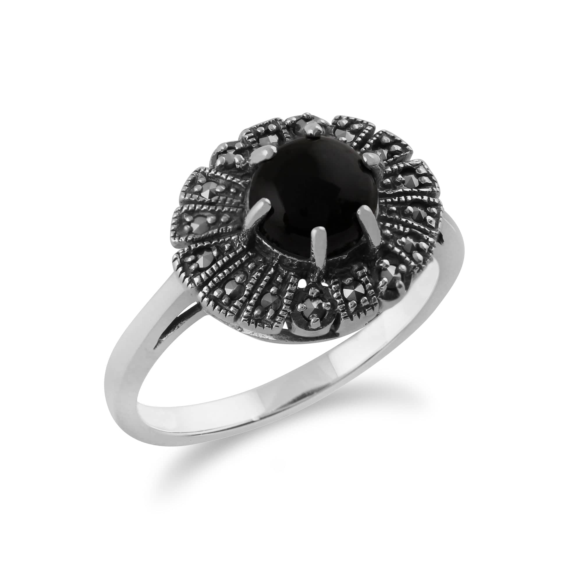 Gemondo 925 Sterling Silver 0.75ct Black Onyx & Marcasite Art Deco Ring Image 2