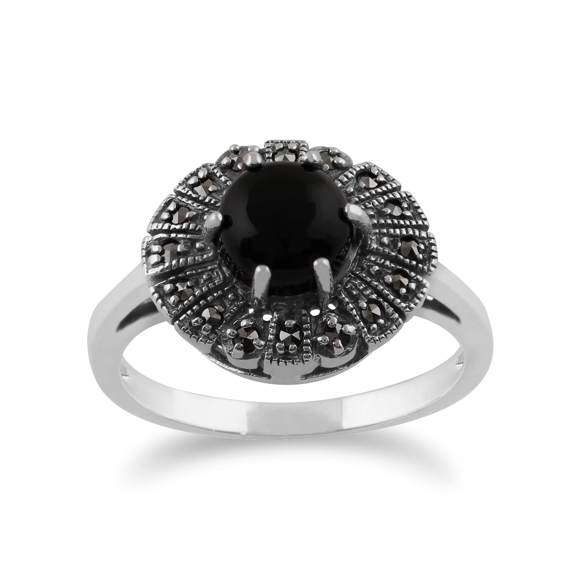 Gemondo 925 Sterling Silver 0.75ct Black Onyx & Marcasite Art Deco Ring Image 1