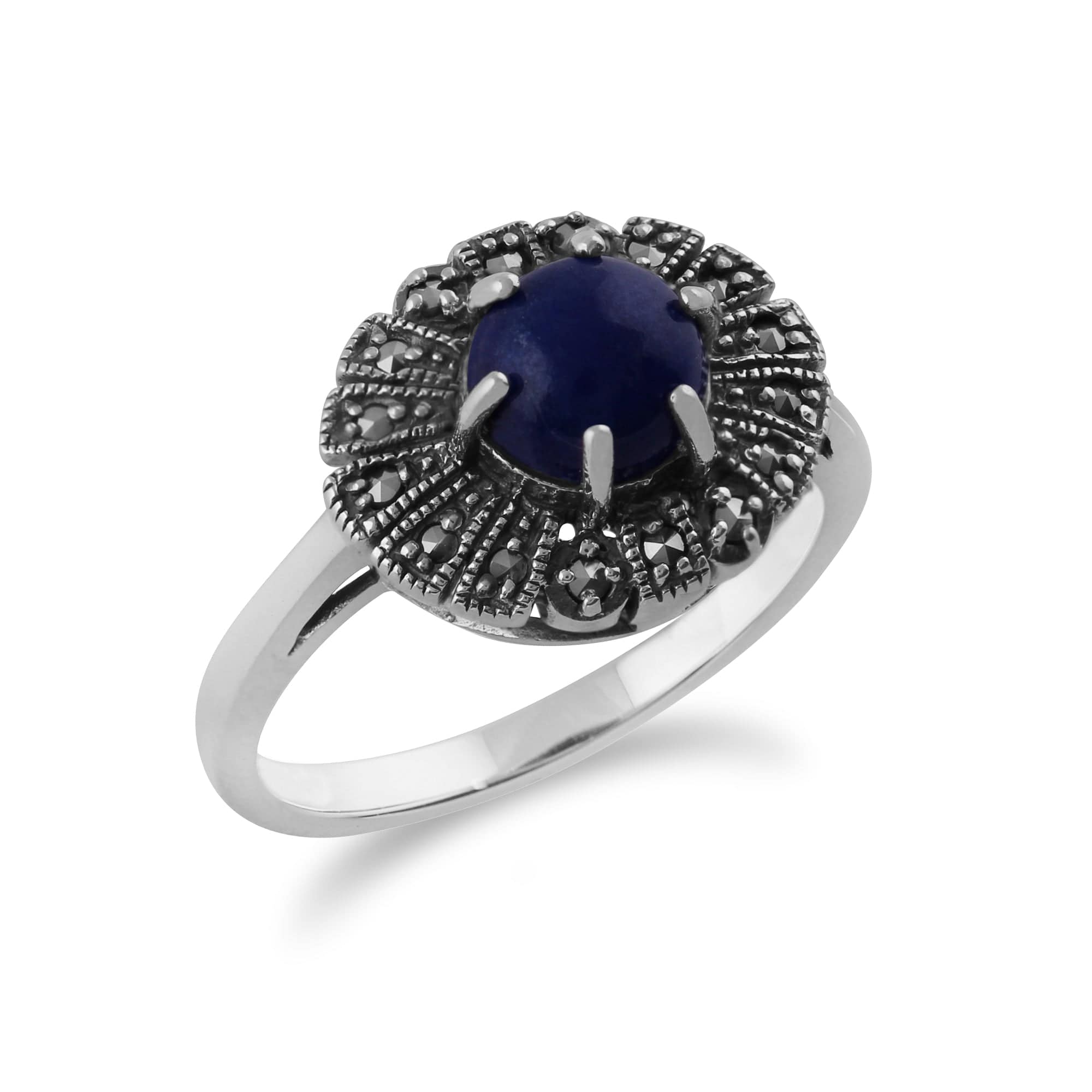 Gemondo 925 Sterling Silver 0.62ct Lapis Lazuli & Marcasite Art Deco Ring Image 2