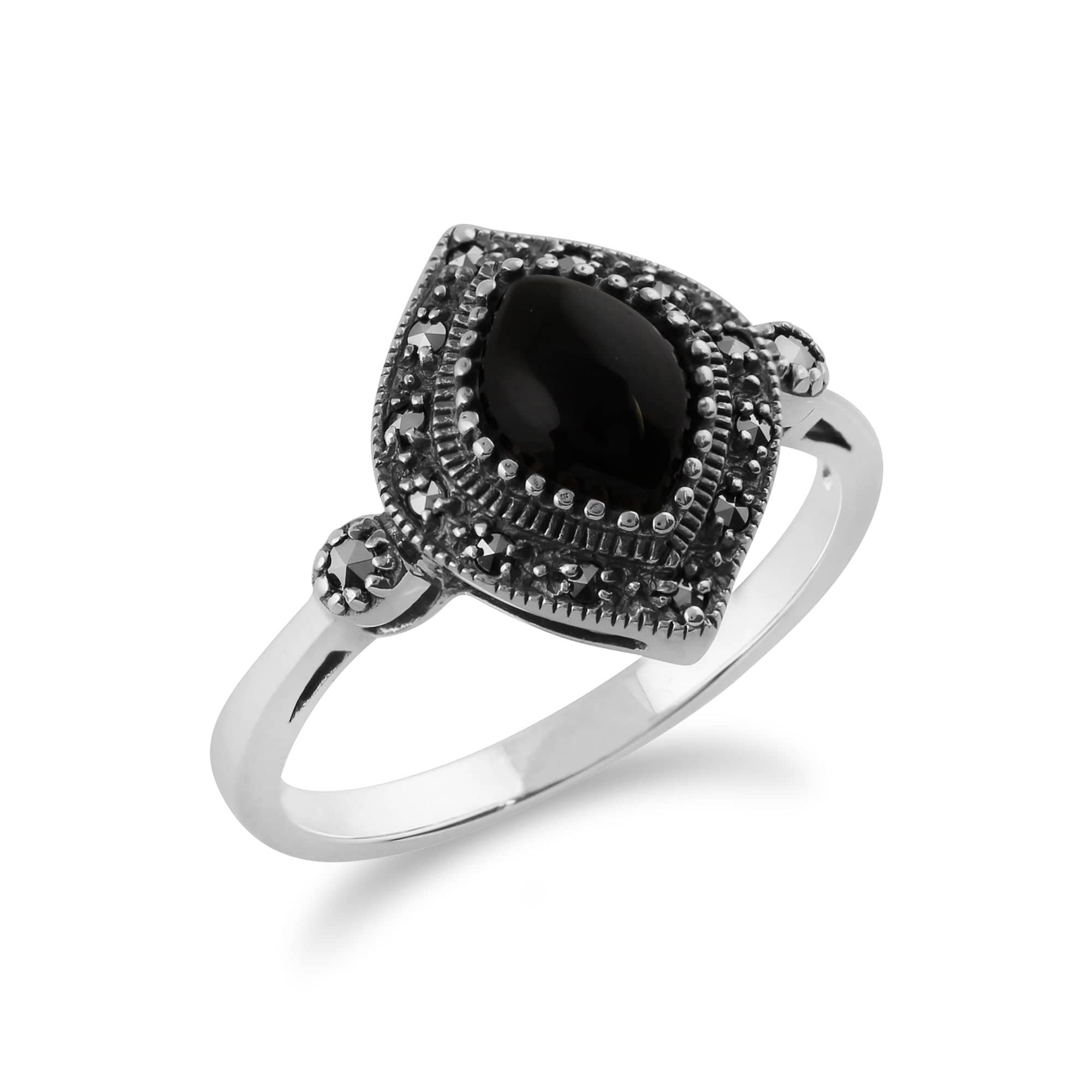 Gemondo 925 Sterling Silver 1.00ct Black Onyx & Marcasite Art Deco Ring Image 2