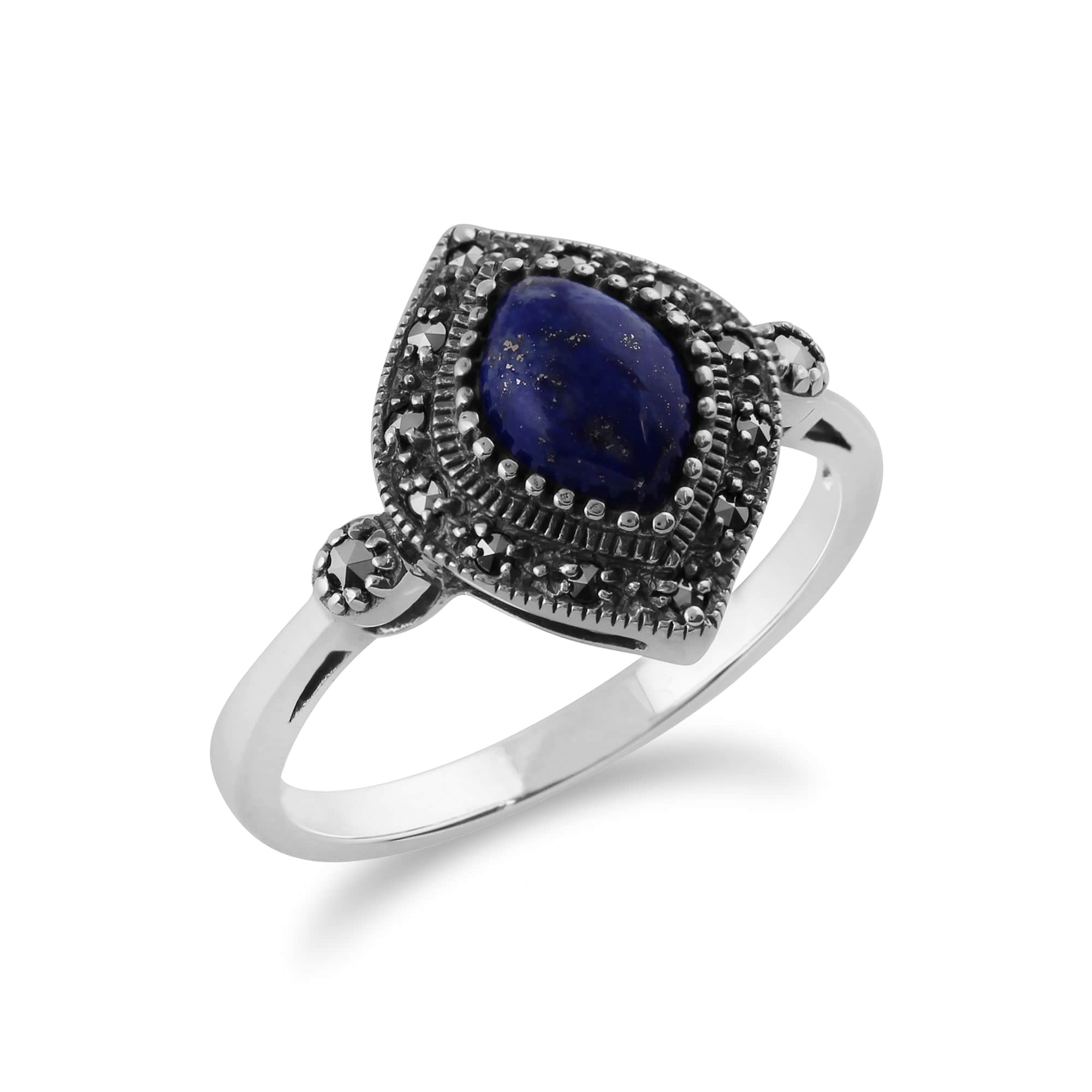214R587004925 Gemondo 925 Sterling Silver 1.00ct Lapis Lazuli & Marcasite Art Deco Ring 2