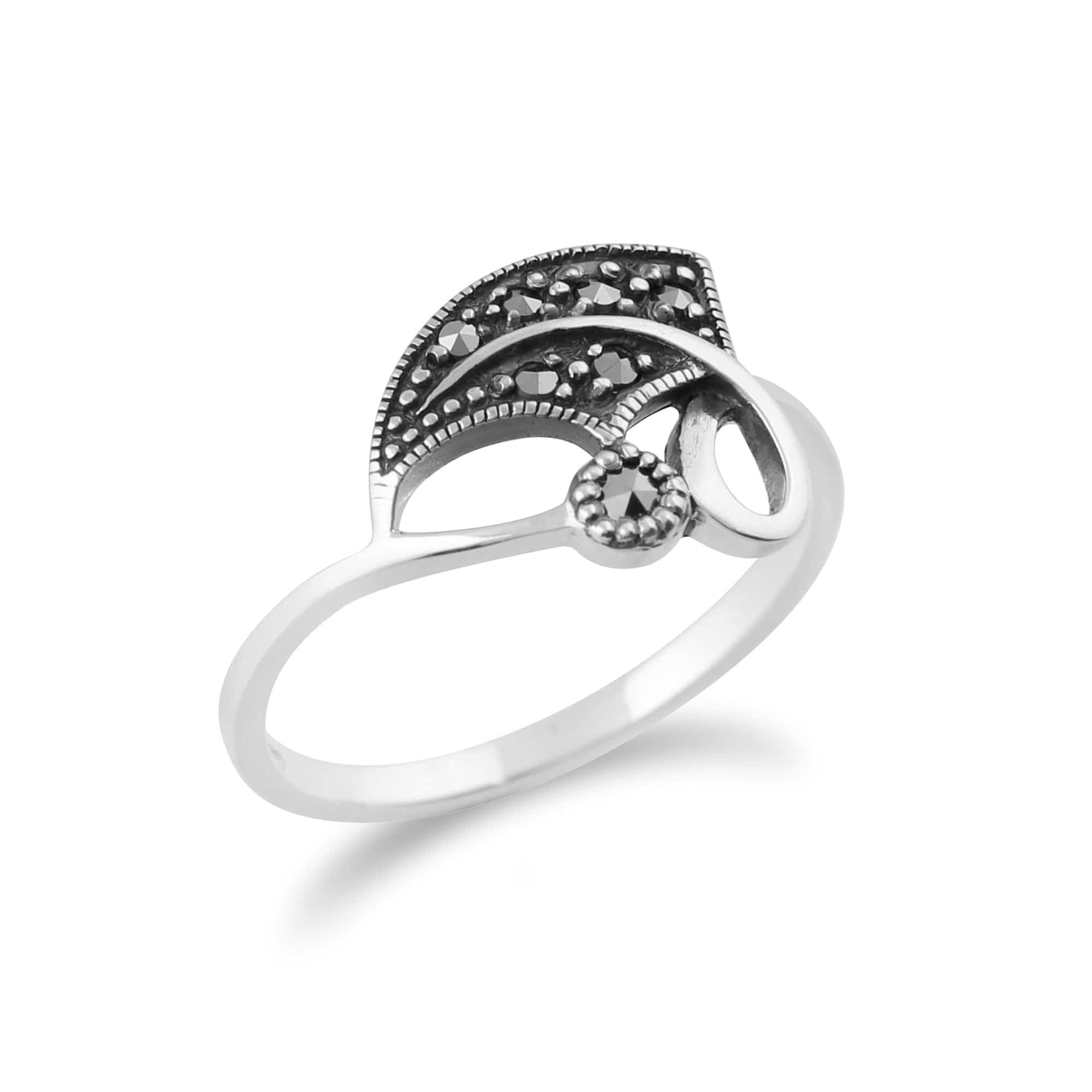 Art Nouveau Style Round Marcasite Leaf Wrap Ring in 925 Sterling Silver - Gemondo