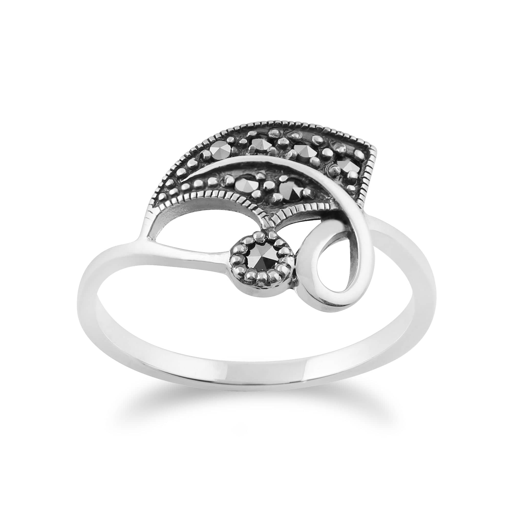 Art Nouveau Style Round Marcasite Leaf Wrap Ring in 925 Sterling Silver - Gemondo