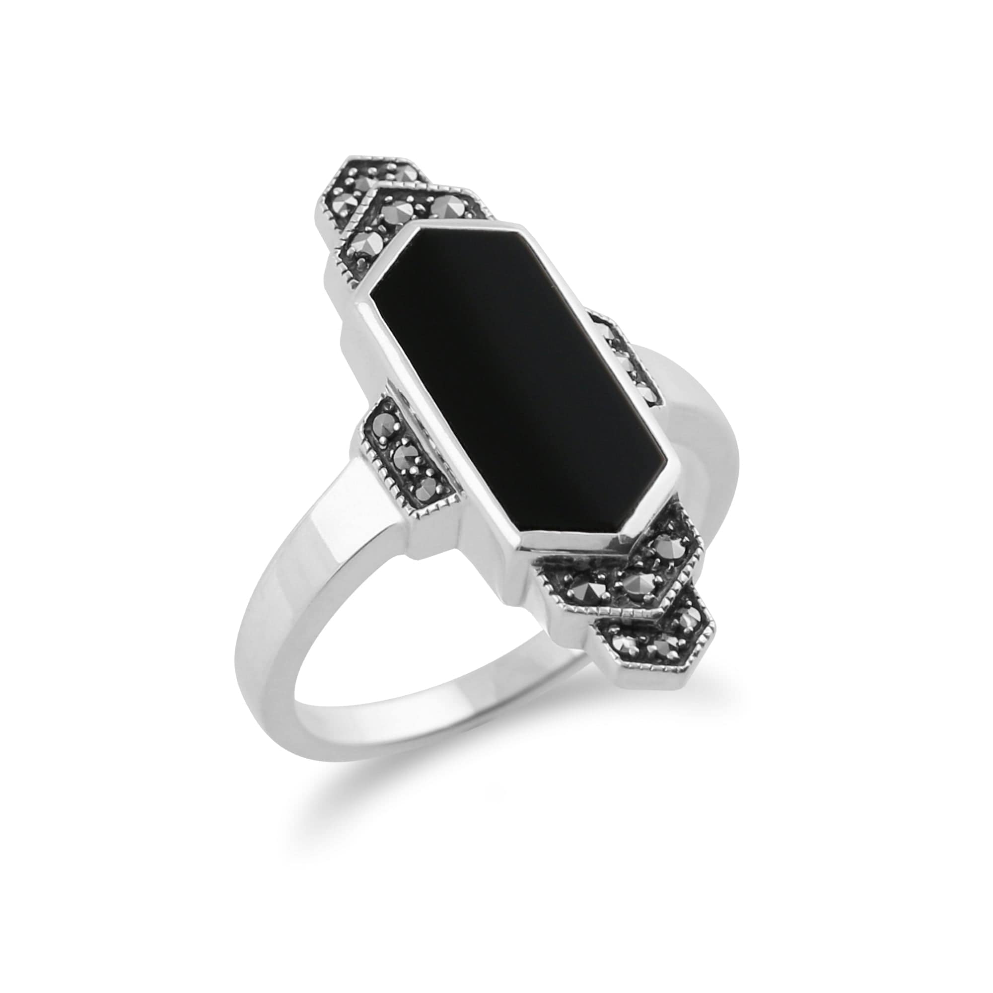 Art Deco Style Hexagon Black Onyx & Marcasite Bar Ring in 925 Sterling Silver - Gemondo