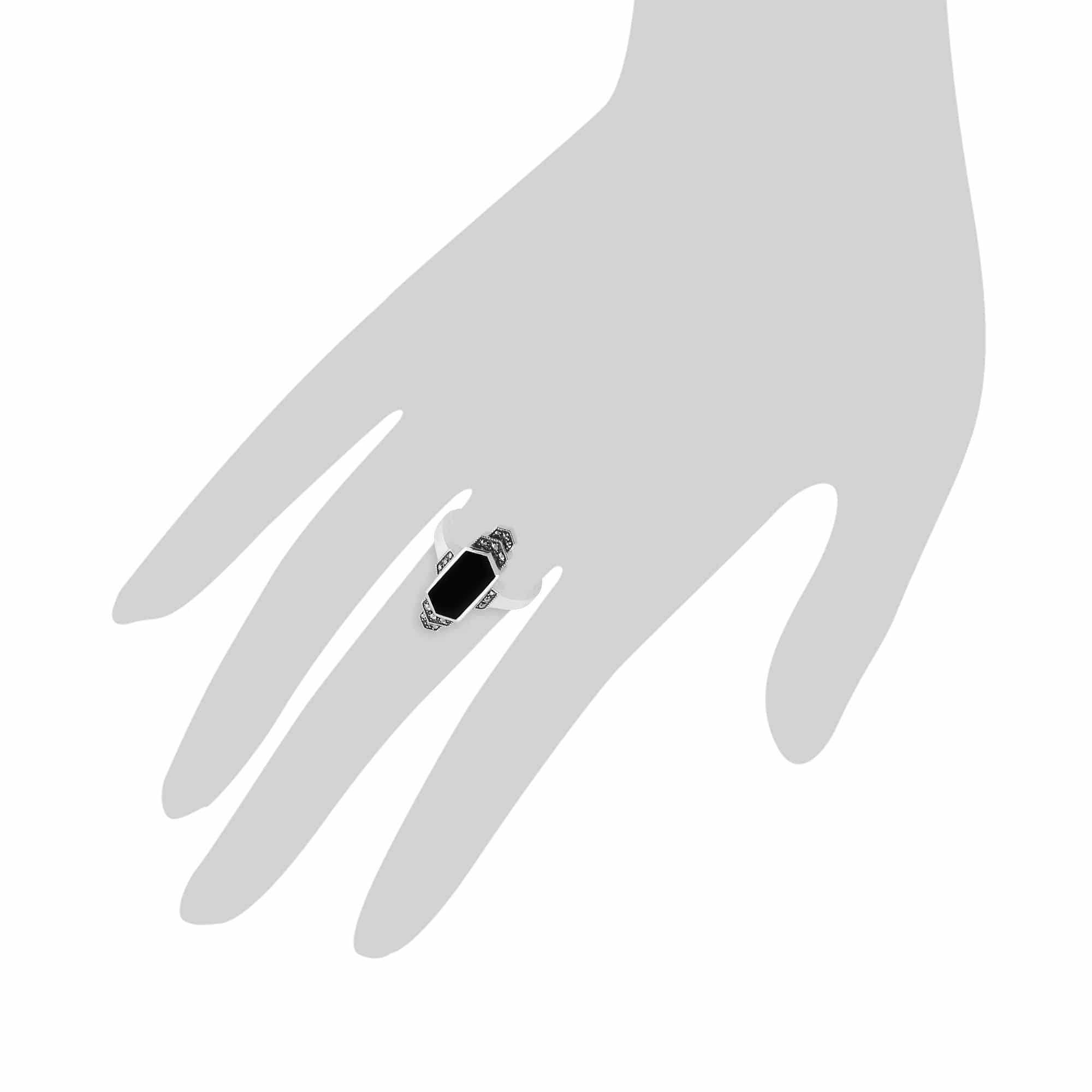 Art Deco Style Hexagon Black Onyx & Marcasite Bar Ring in 925 Sterling Silver - Gemondo