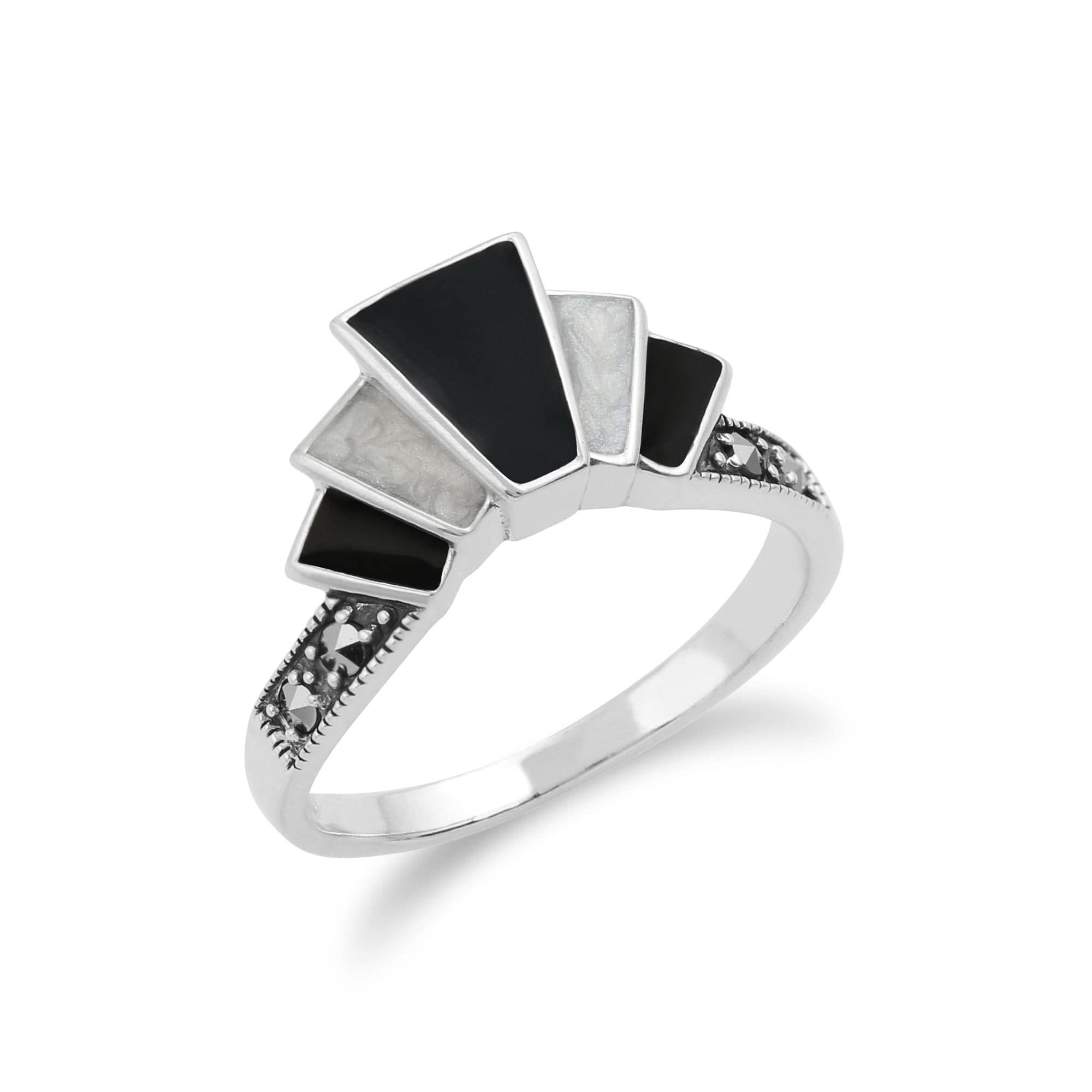 Art Deco Style Marcasite & Black and White Enamel Gradient Fan Ring in 925 Sterling Silver - Gemondo