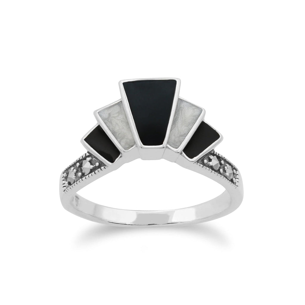 Art Deco Style Marcasite & White Enamel Gradient Fan Ring 925 Sterling Silver