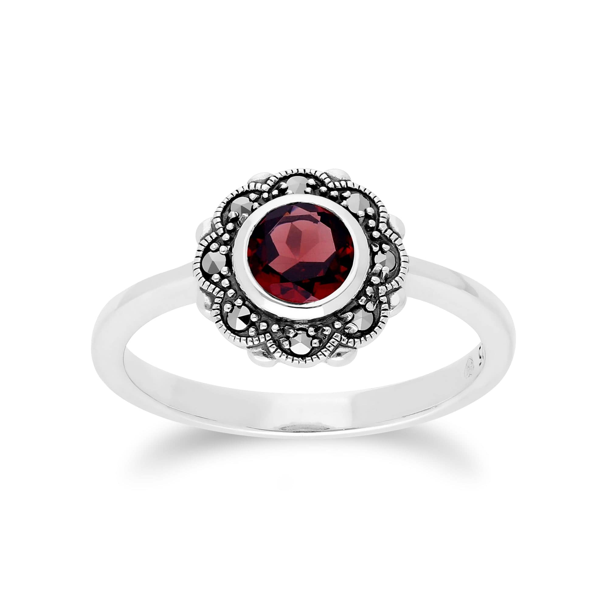 214R597001925 Floral Round Garnet & Marcasite Halo Ring in 925 Sterling Silver 1