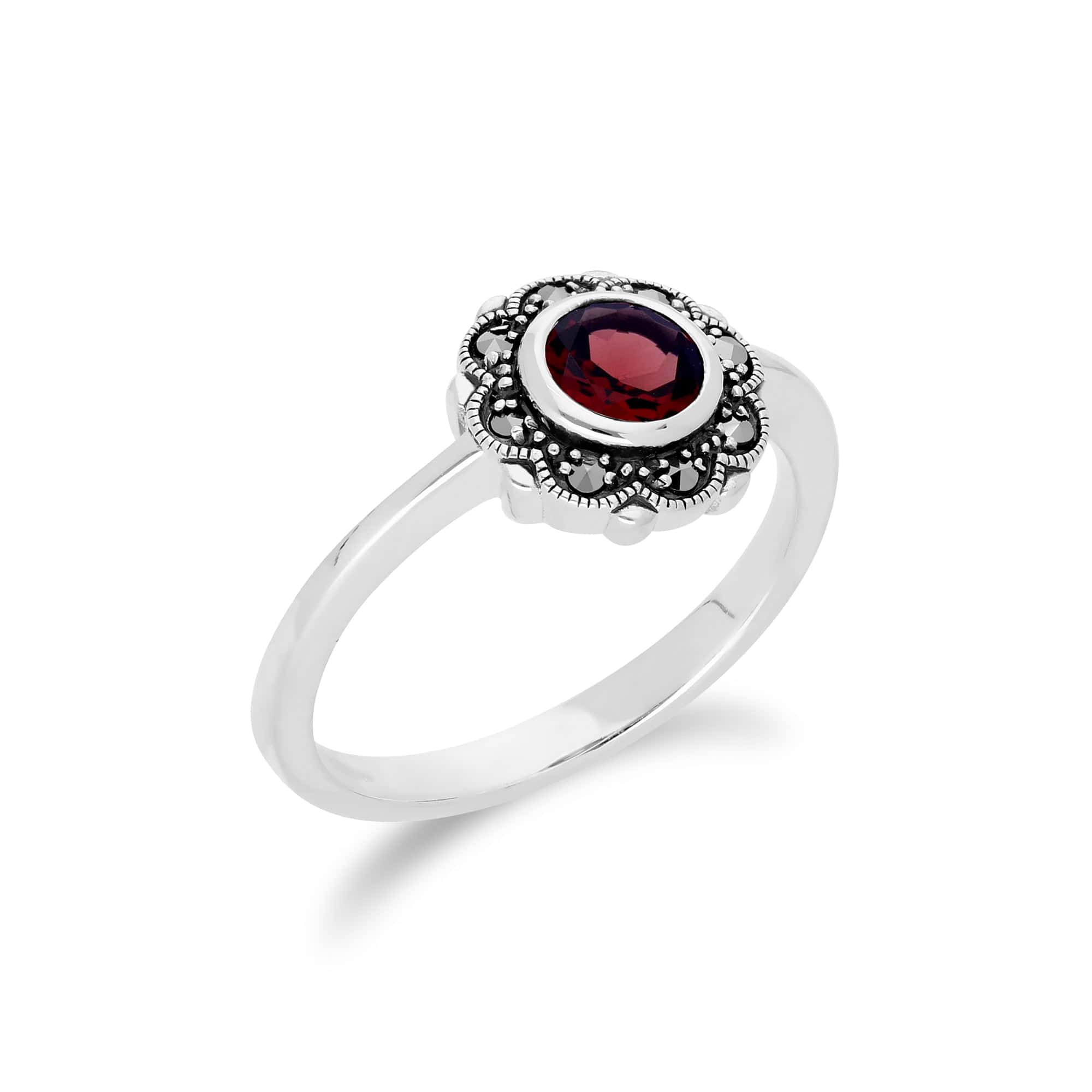 Floral Round Garnet & Marcasite Halo Ring in 925 Sterling Silver - Gemondo