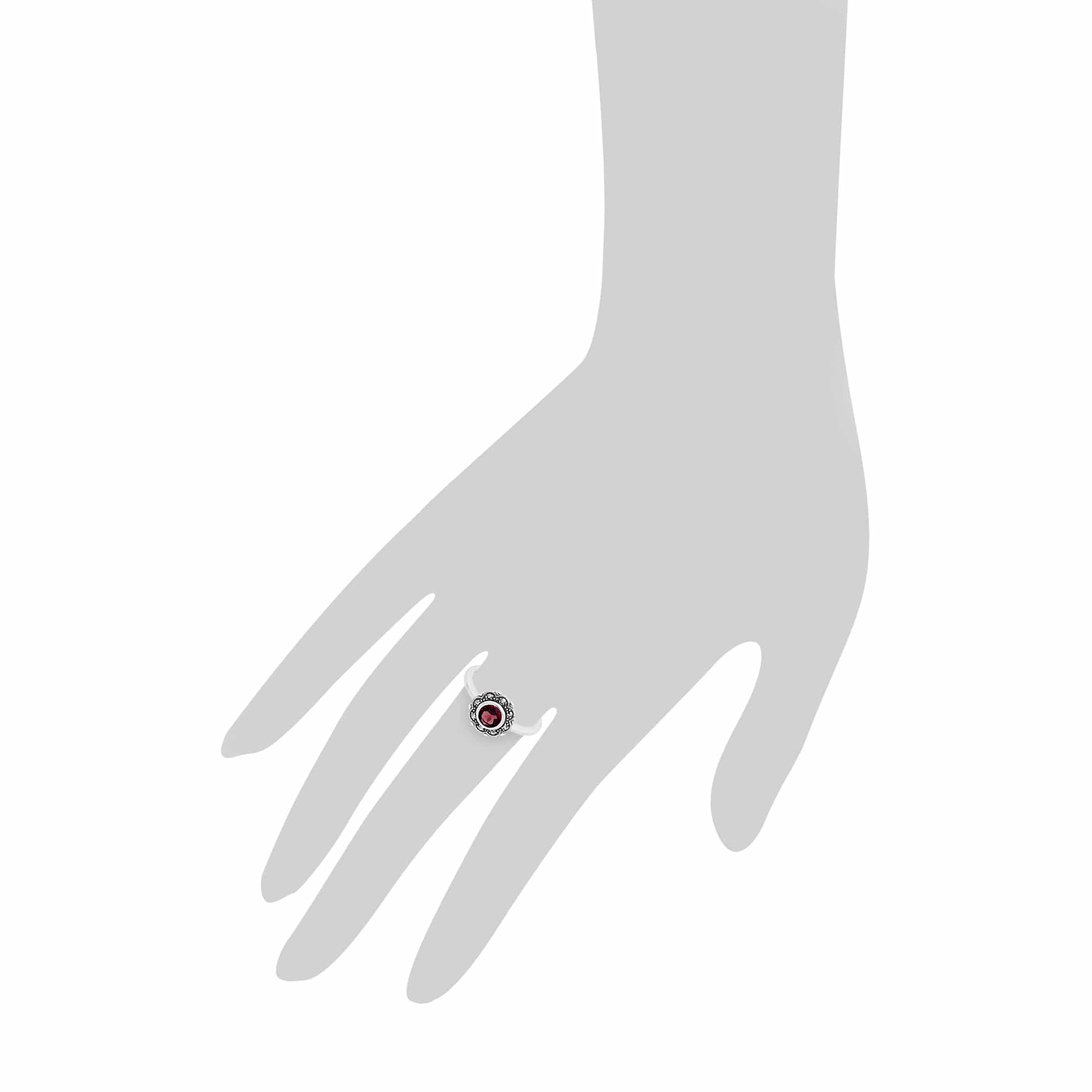 Floral Round Garnet & Marcasite Halo Ring in 925 Sterling Silver - Gemondo
