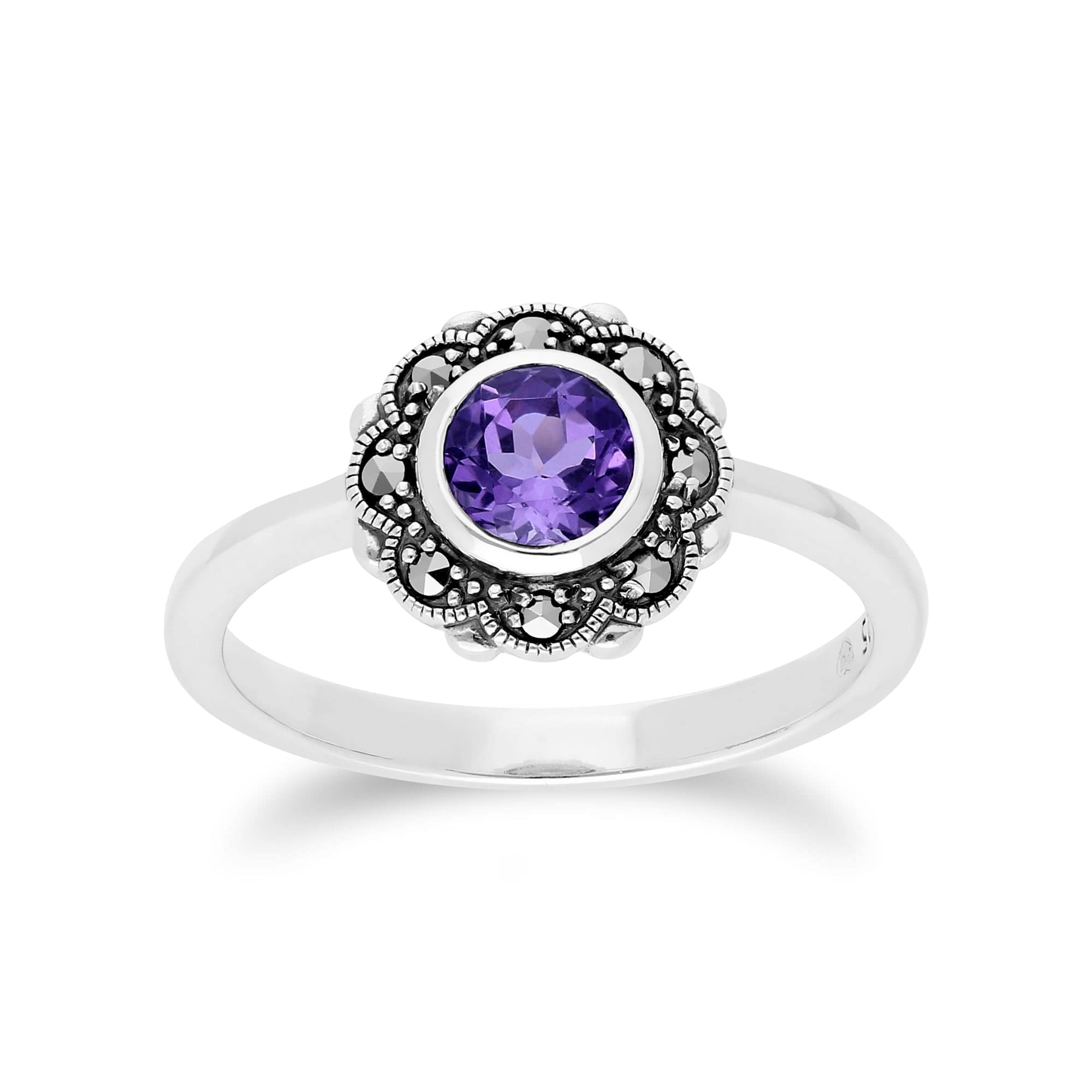 Floral Round Amethyst & Marcasite Halo Ring in 925 Sterling Silver