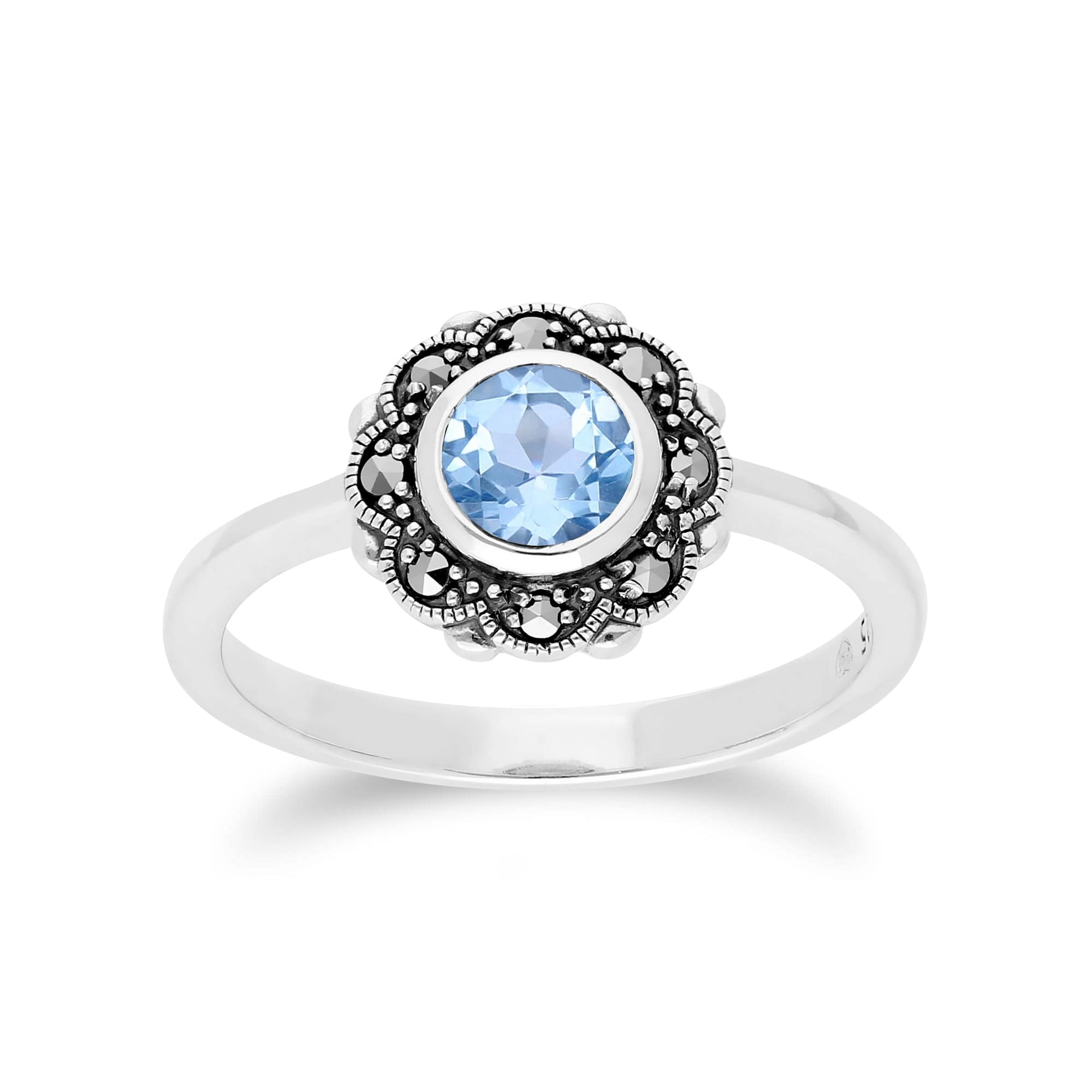 Floral Round Blue Topaz & Marcasite Halo Ring in 925 Sterling Silver - Gemondo