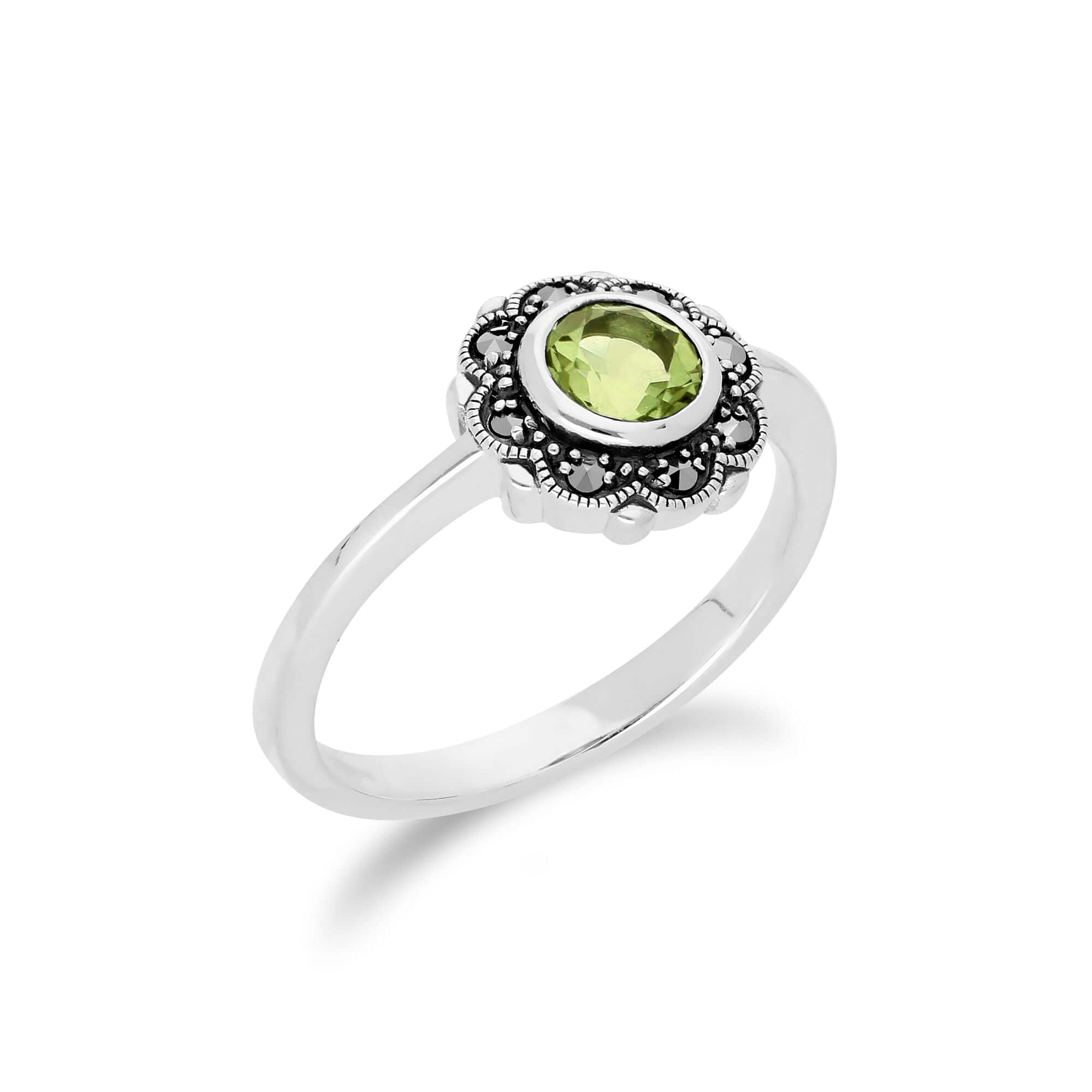 Floral Round Peridot & Marcasite Halo Ring in 925 Sterling Silver - Gemondo