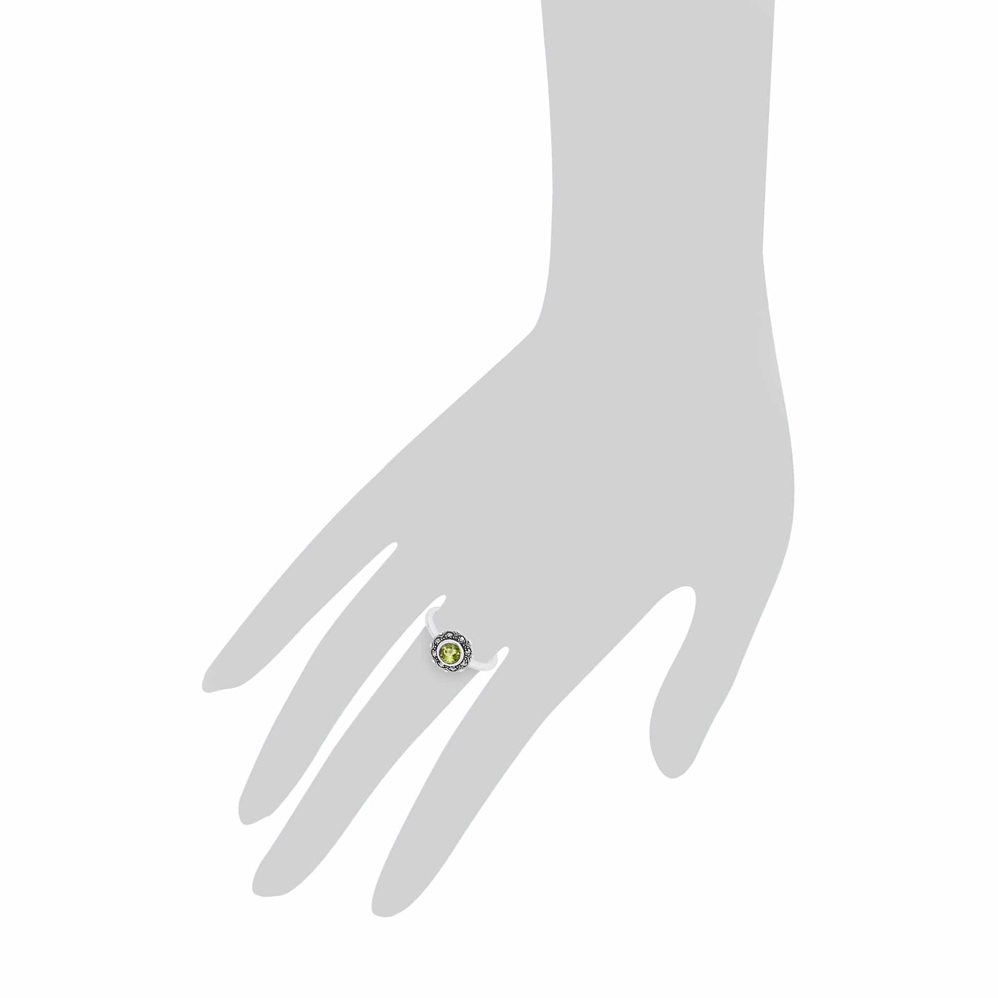 Floral Round Peridot & Marcasite Halo Ring in 925 Sterling Silver - Gemondo