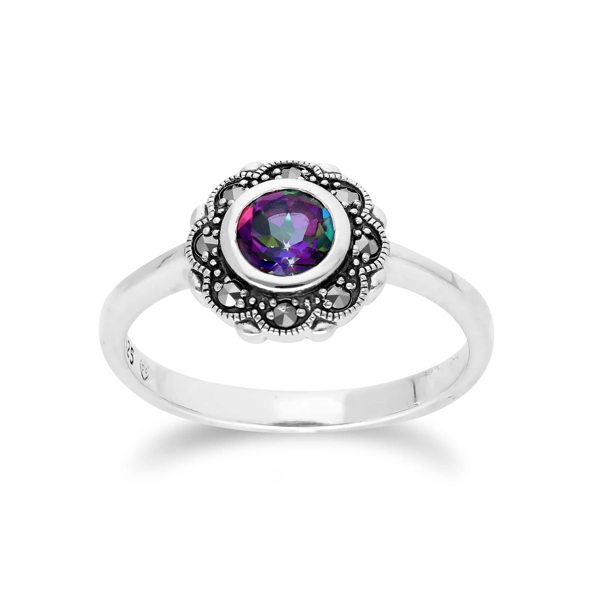 Floral Round Mystic Topaz & Marcasite Halo Ring in 925 Sterling Silver - Gemondo