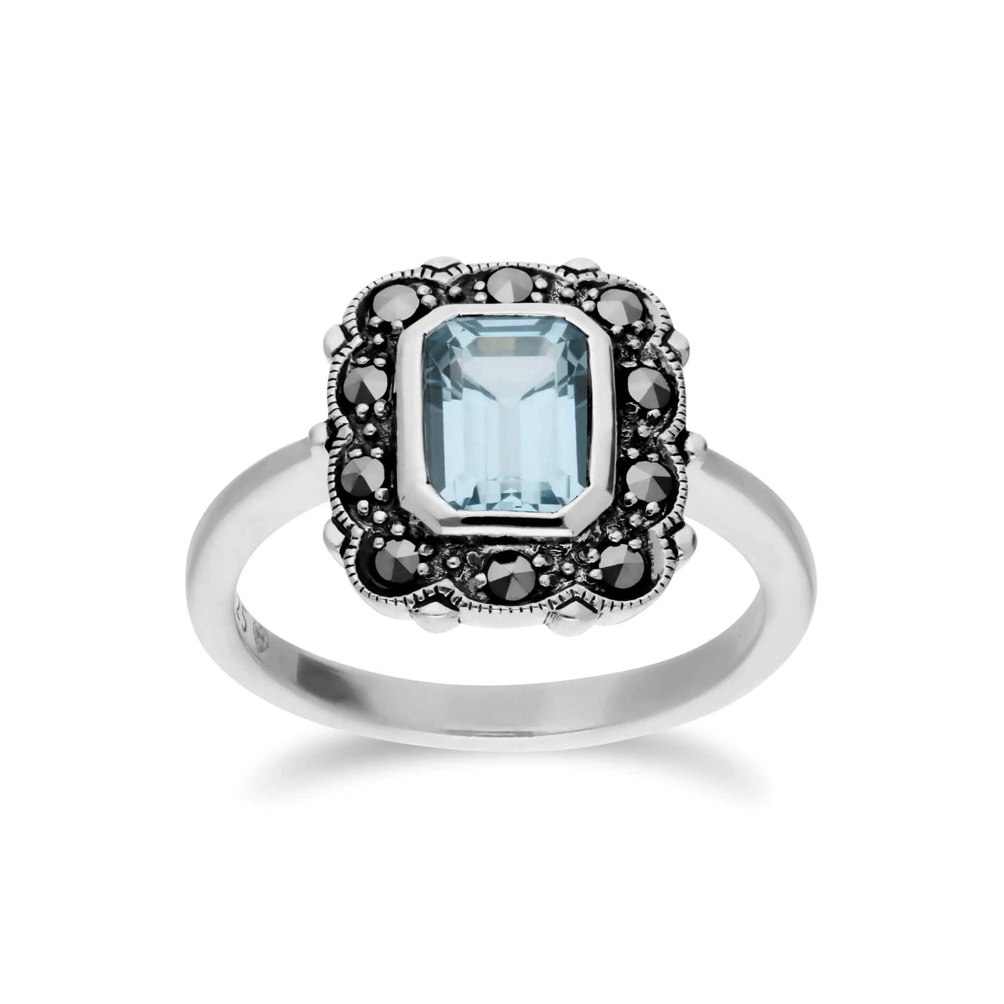 Art Nouveau Style Octagon Blue Topaz & Marcasite Border Ring in 925 Sterling Silver - Gemondo
