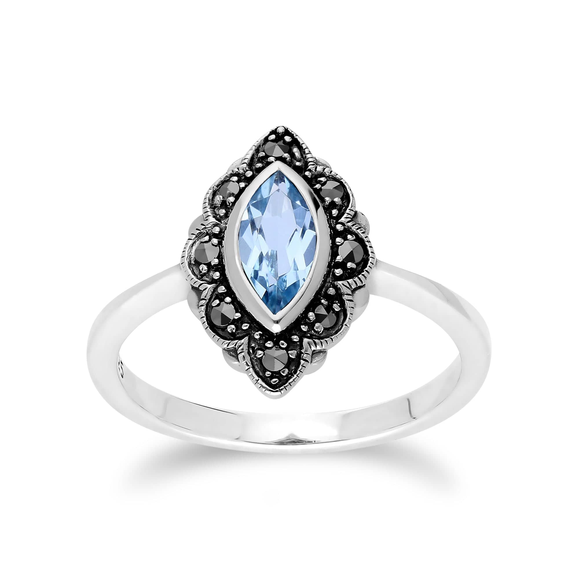 214R597202925 Art Nouveau Marquise Blue Topaz & Marcasite Leaf Ring in 925 Sterling Silver 1