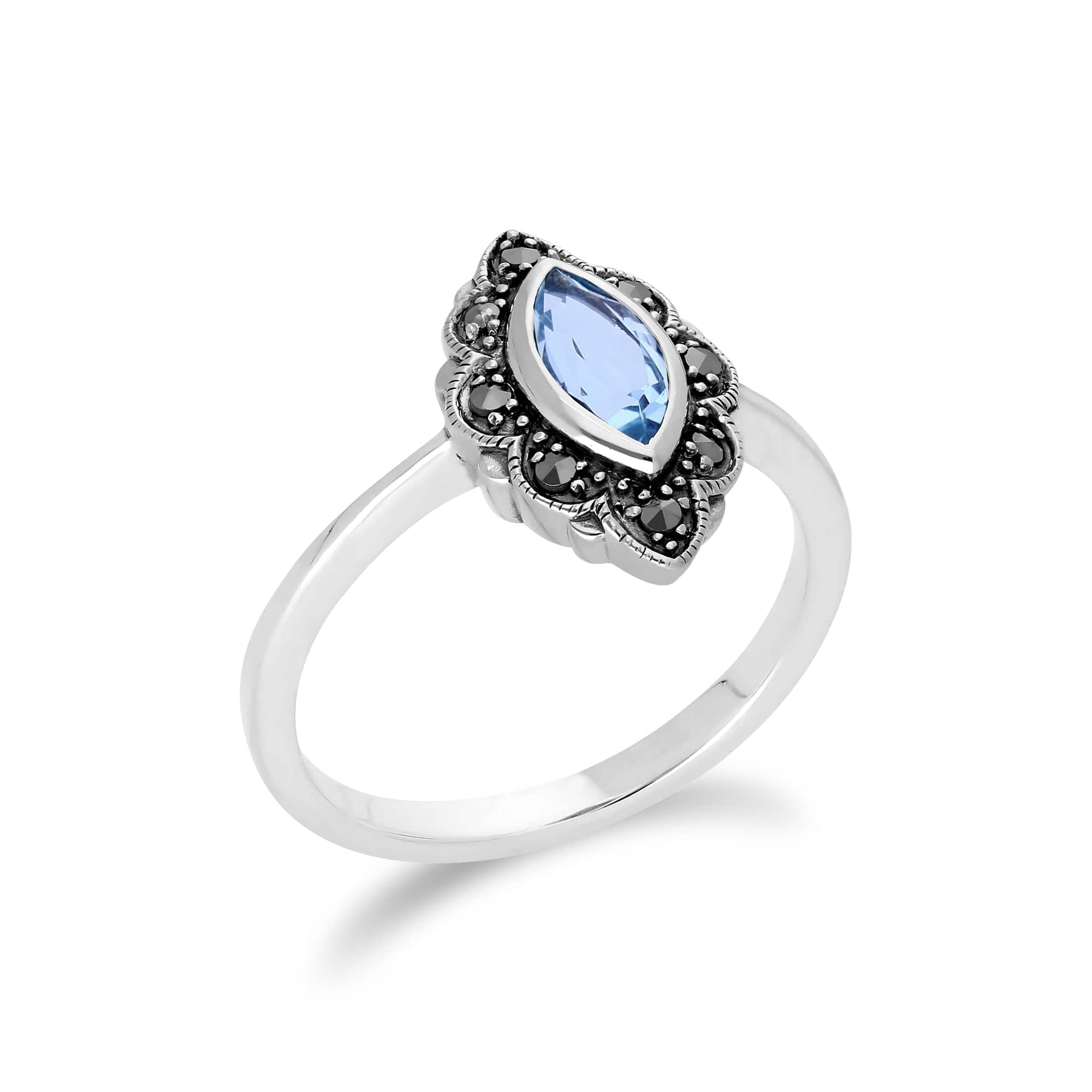 214R597202925 Art Nouveau Marquise Blue Topaz & Marcasite Leaf Ring in 925 Sterling Silver 2