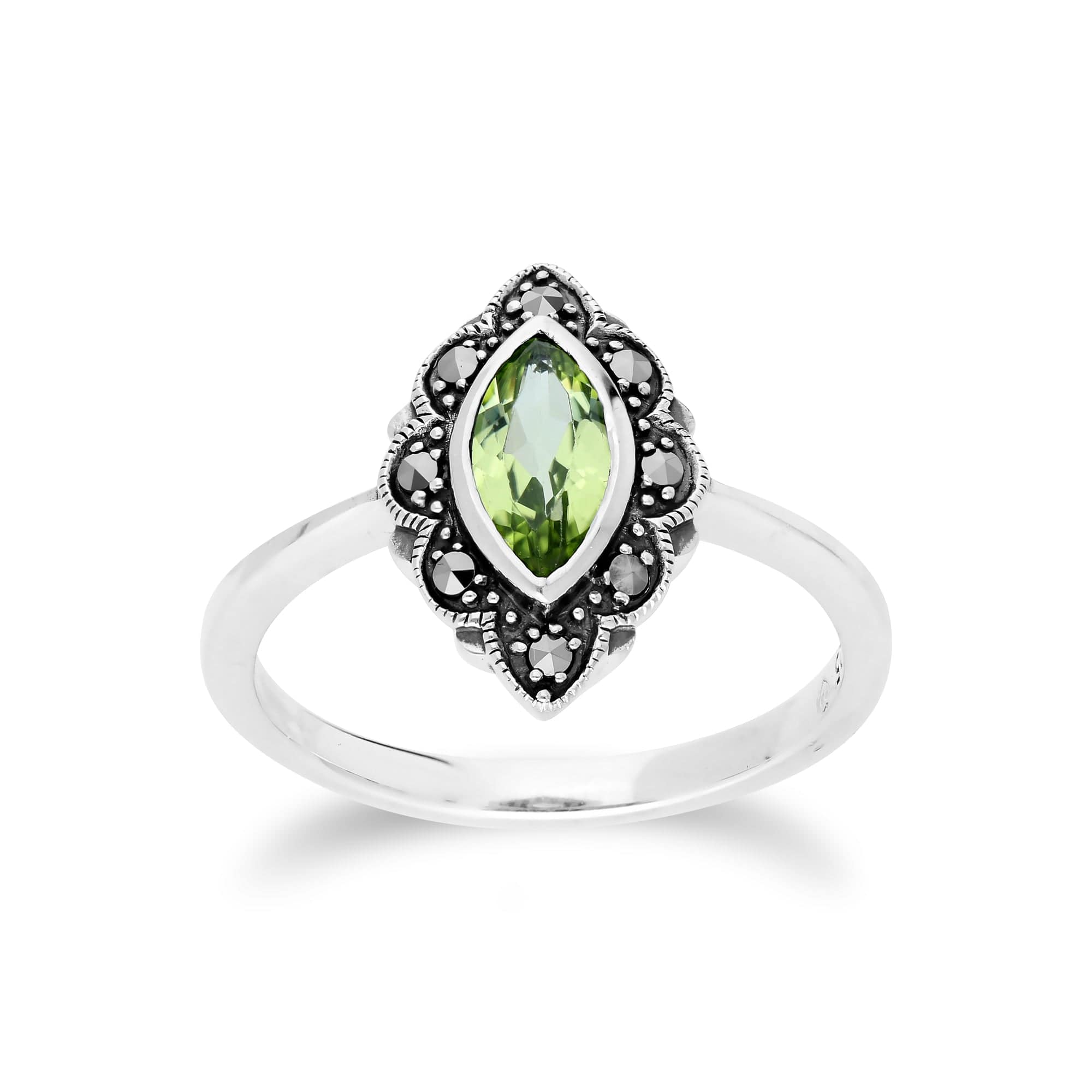 214R597203925 Art Nouveau  Marquise Peridot & Marcasite Leaf Ring in 925 Sterling Silver 1