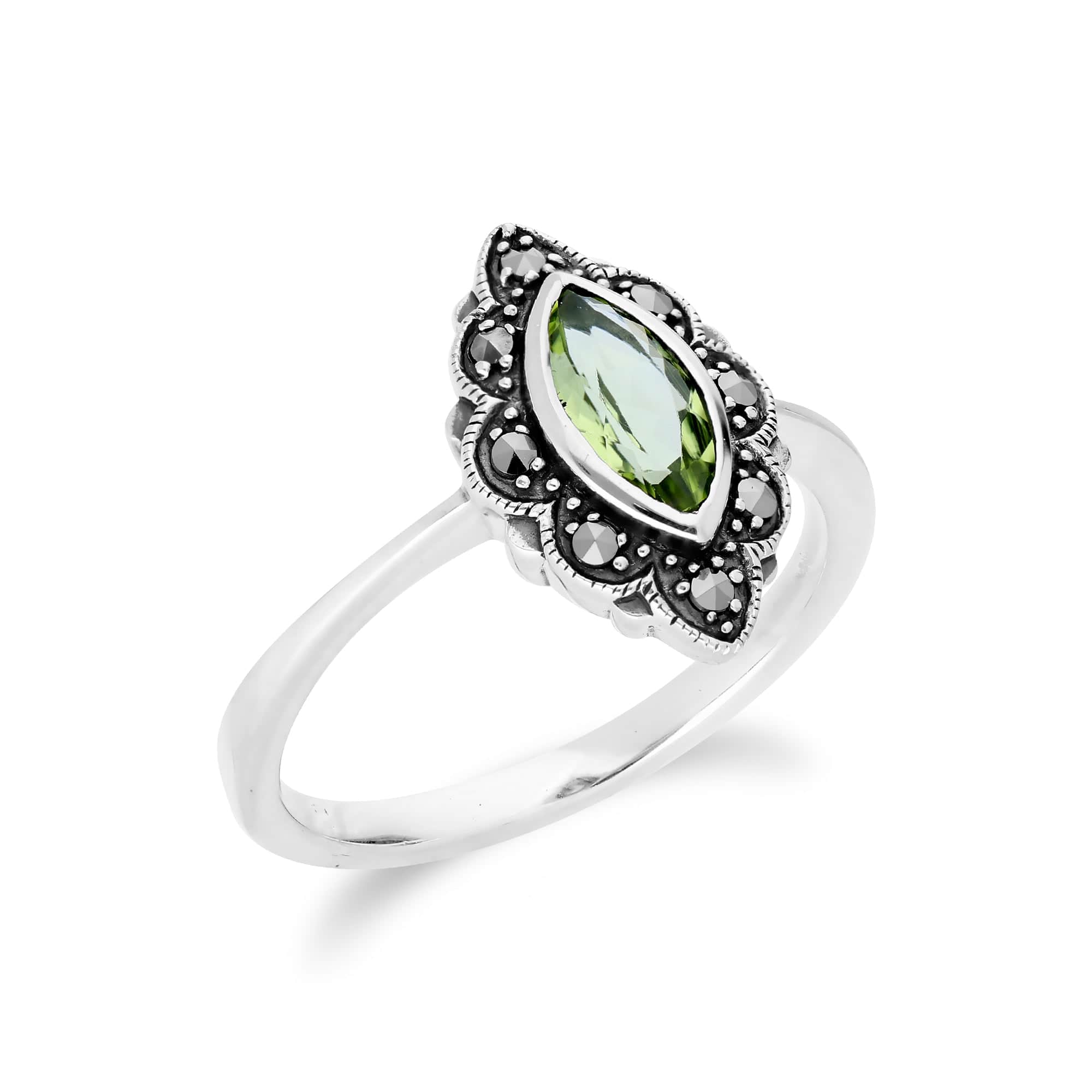 Art Nouveau  Marquise Peridot & Marcasite Leaf Ring in 925 Sterling Silver