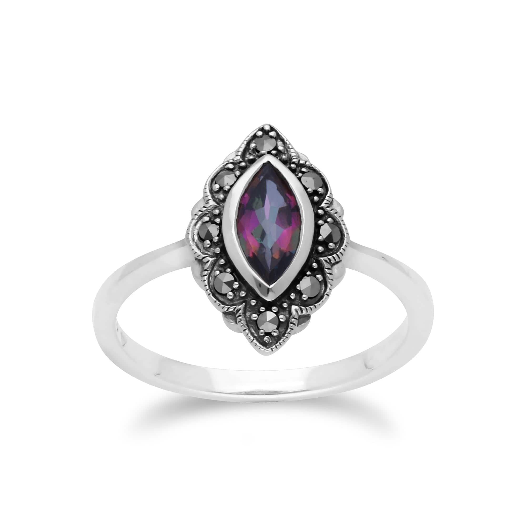 Art Nouveau Marquise Mystic Topaz & Marcasite Leaf Ring in 925 Sterling Silver
