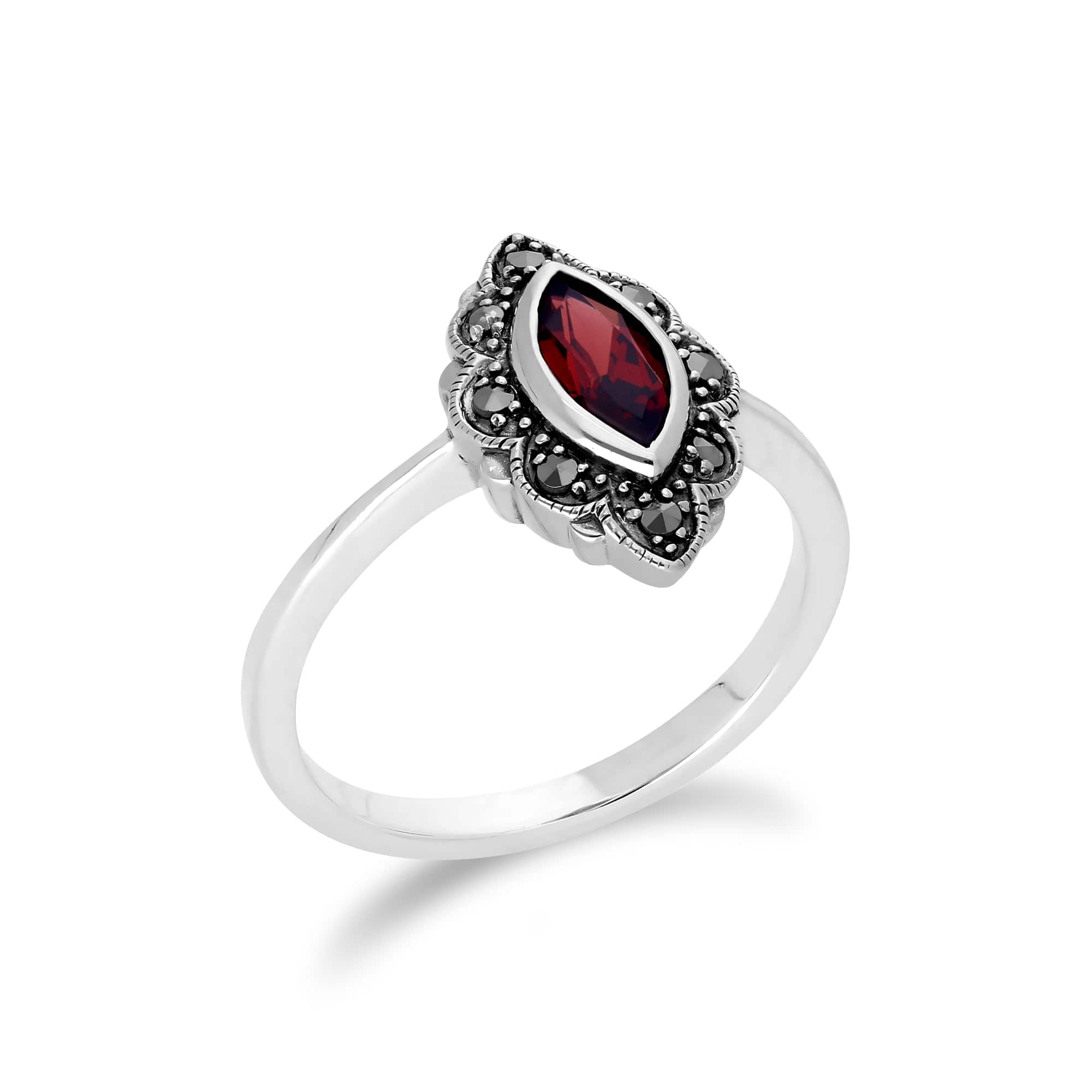Art Nouveau Style Marquise Garnet & Marcasite Leaf Ring in 925 Sterling Silver - Gemondo