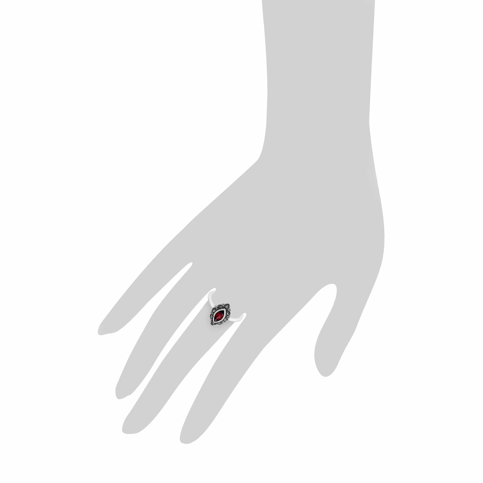 Art Nouveau Style Marquise Garnet & Marcasite Leaf Ring in 925 Sterling Silver - Gemondo