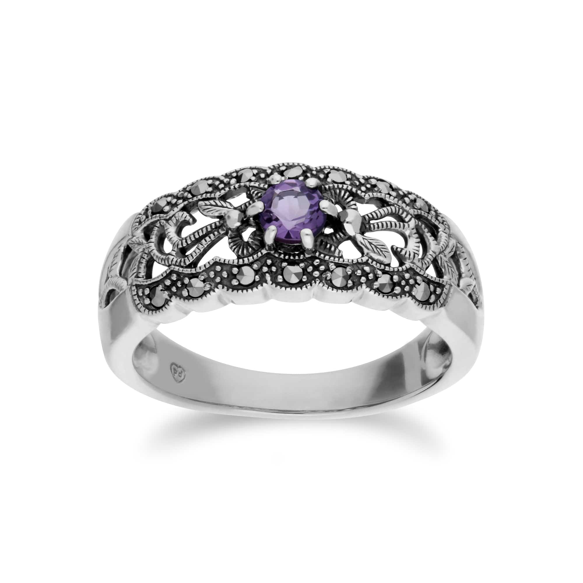 Art Nouveau Style Round Amethyst & Marcasite Floral Band Ring in 925 Sterling Silver - Gemondo