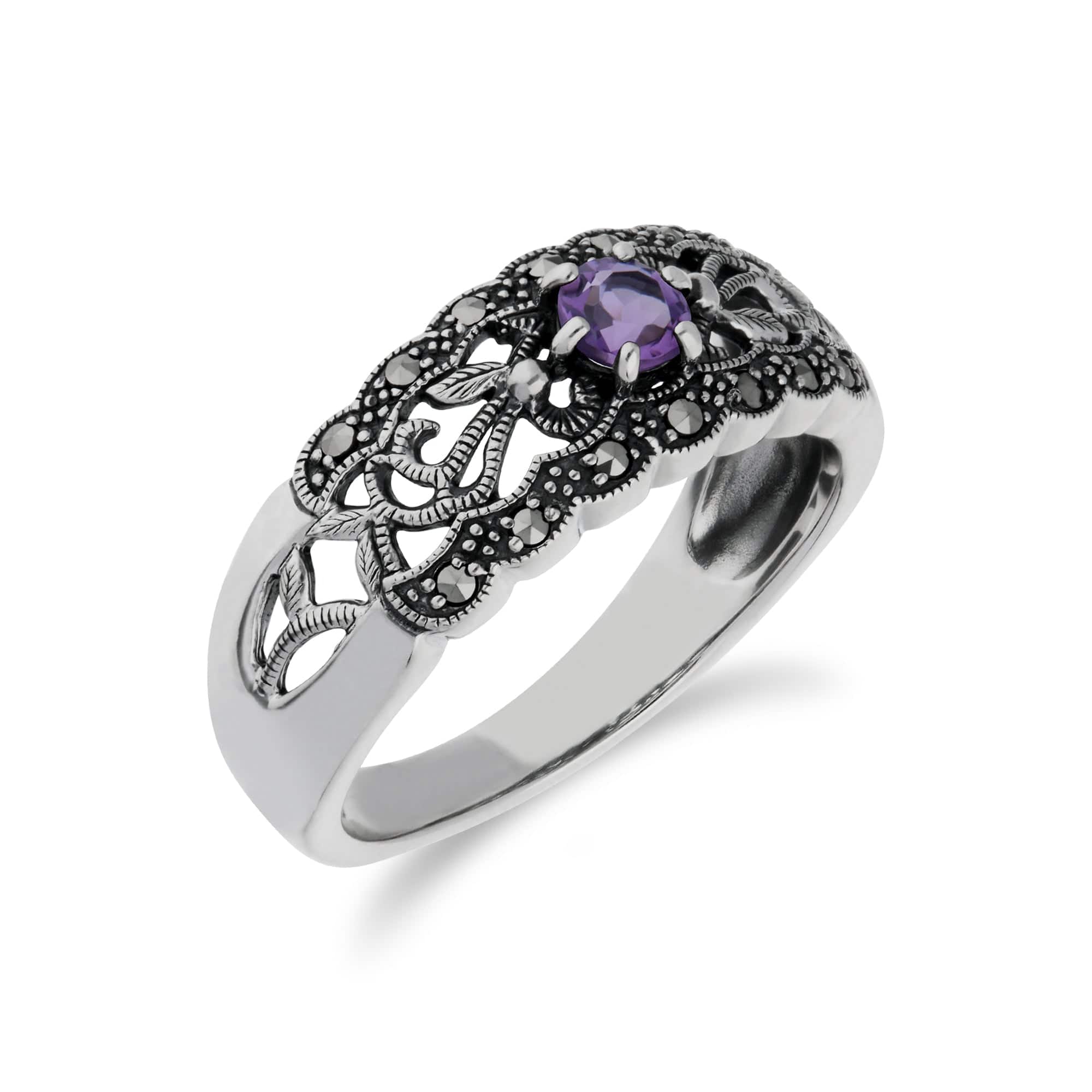 Art Nouveau Style Round Amethyst & Marcasite Floral Band Ring in 925 Sterling Silver - Gemondo