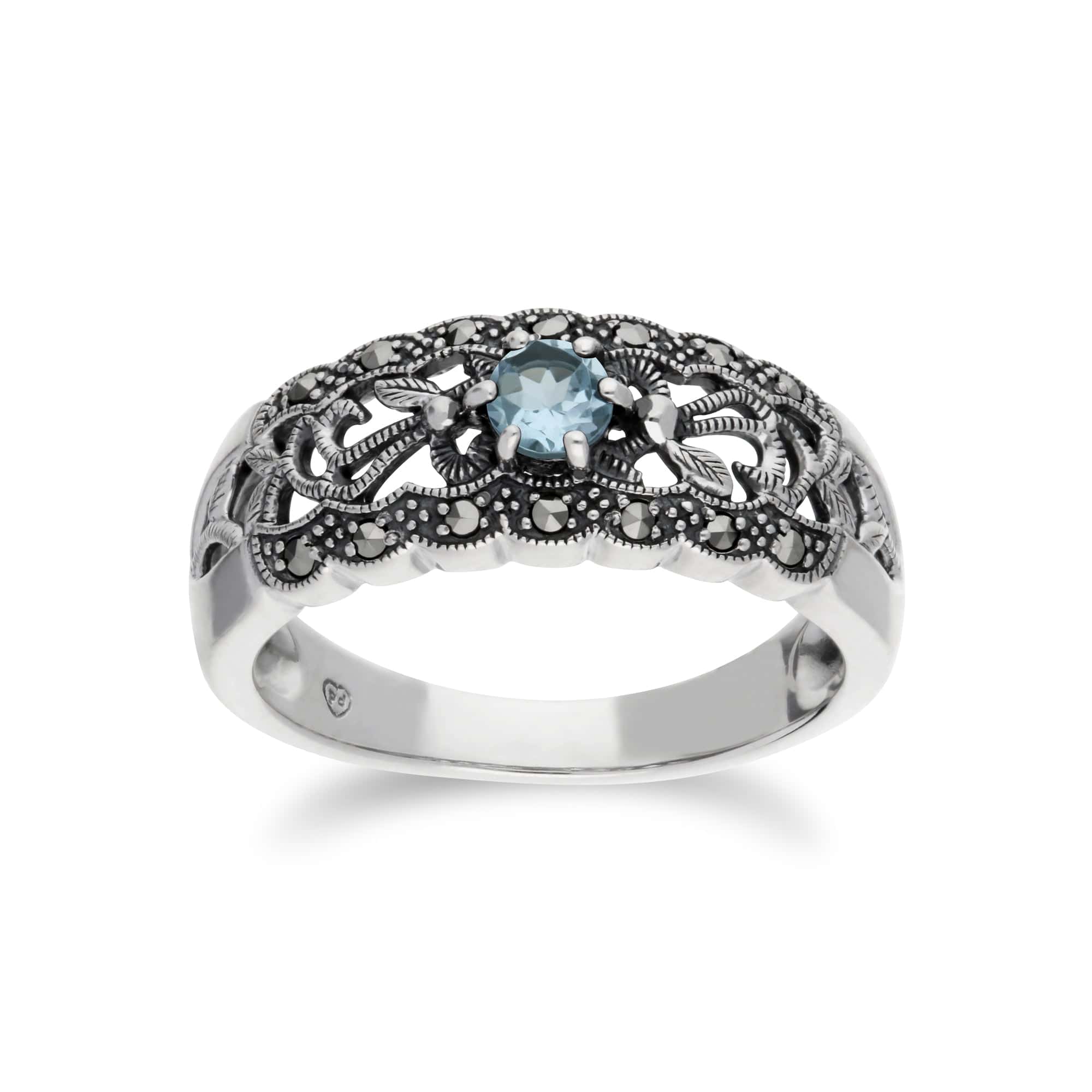 Art Nouveau Style Round Blue Topaz & Marcasite Floral Band Ring in Sterling Silver - Gemondo
