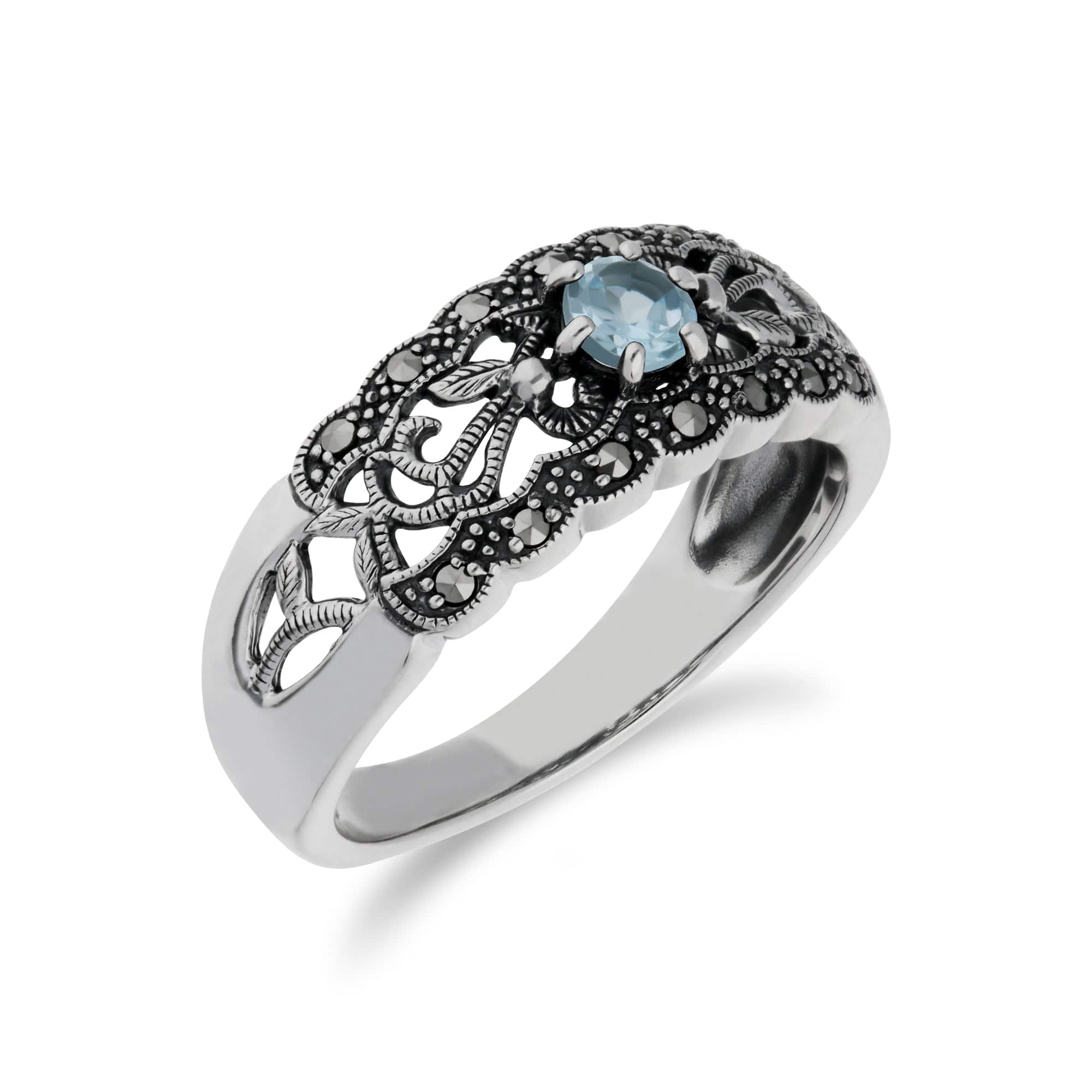 Art Nouveau Style Round Blue Topaz & Marcasite Floral Band Ring in Sterling Silver - Gemondo