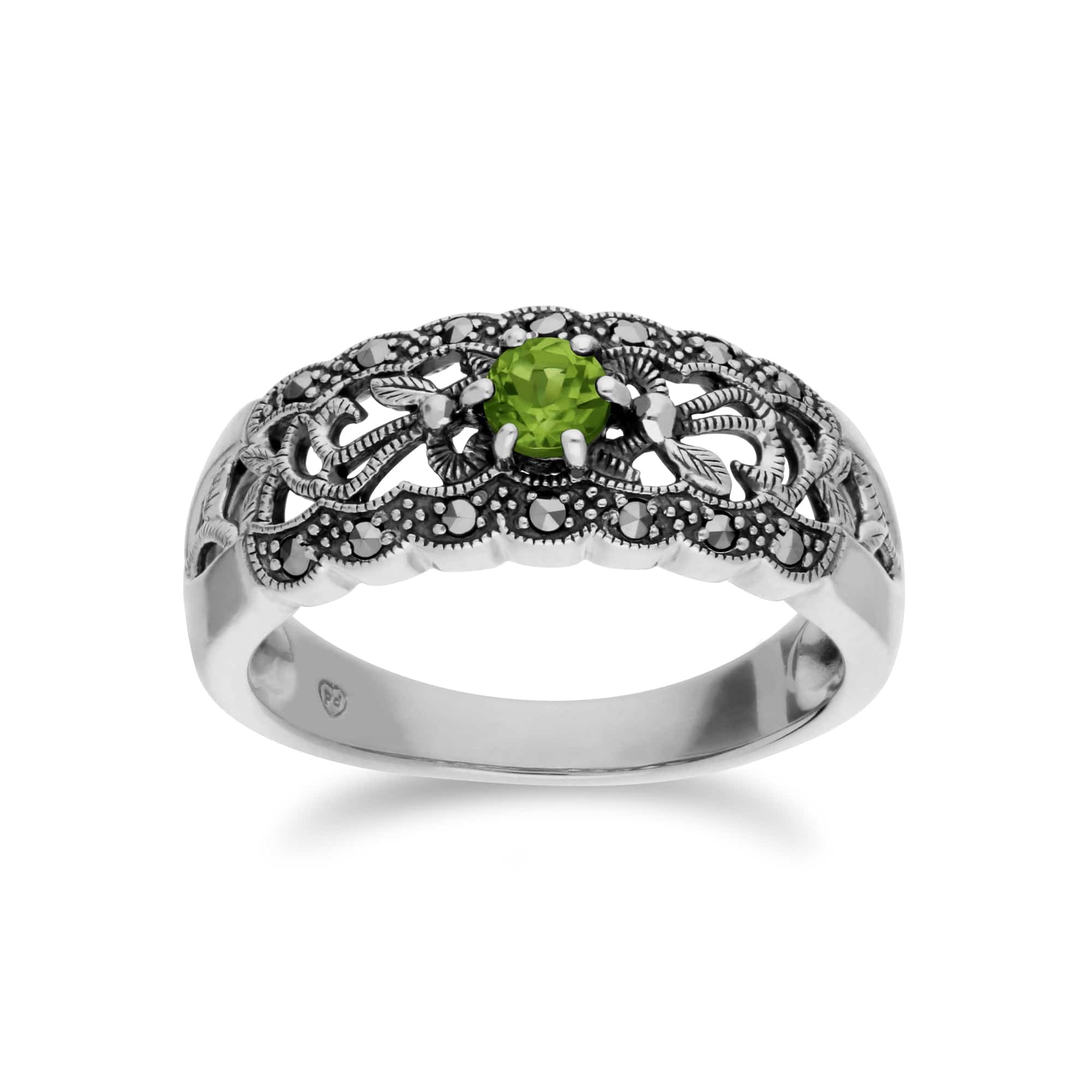 Art Nouveau Style Round Peridot & Marcasite Floral Band Ring in 925 Sterling Silver - Gemondo