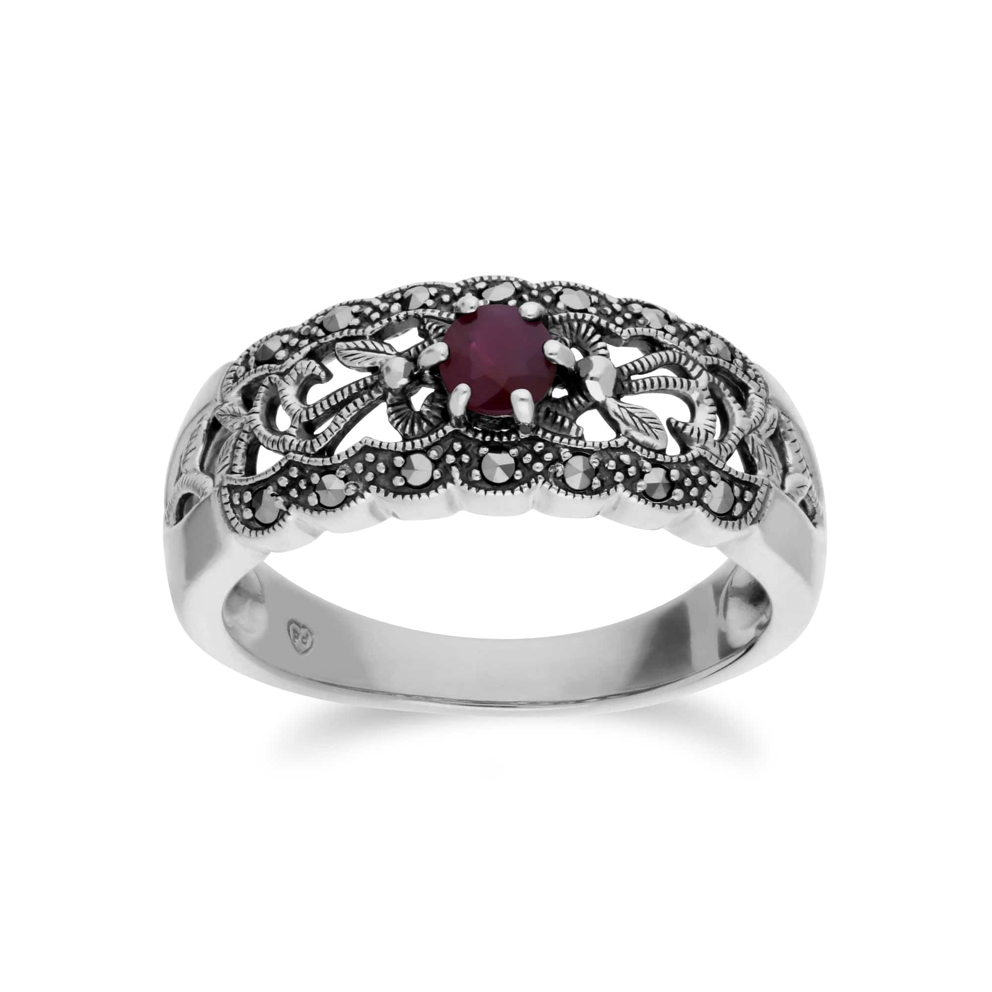 Art Nouveau Style Round Ruby & Marcasite Floral Band Ring in Sterling Silver - Gemondo