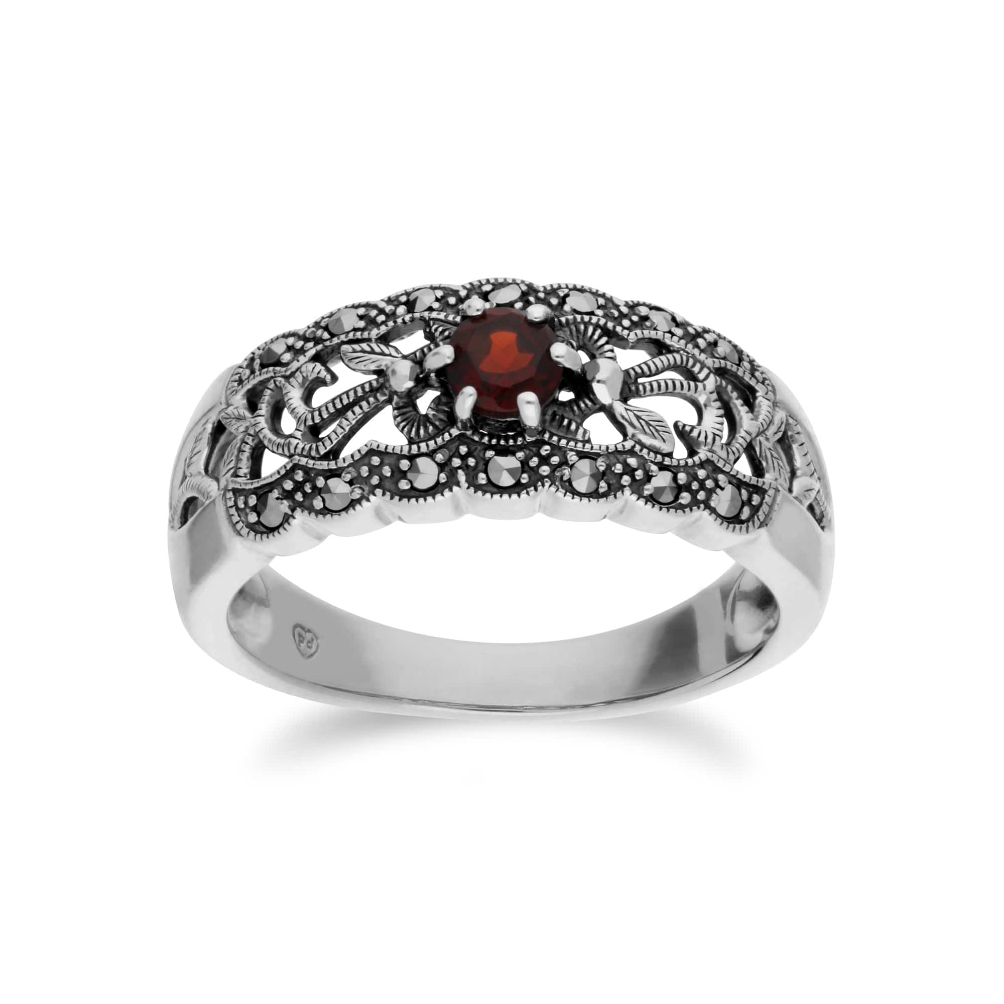 214R597707925 Art Nouveau Style Round Garnet & Marcasite Floral Band Ring in 925 Sterling Silver 1