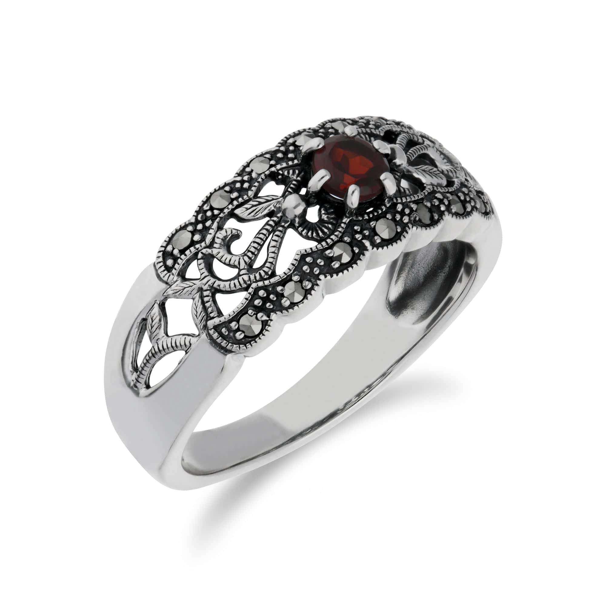 214R597707925 Art Nouveau Style Round Garnet & Marcasite Floral Band Ring in 925 Sterling Silver 3