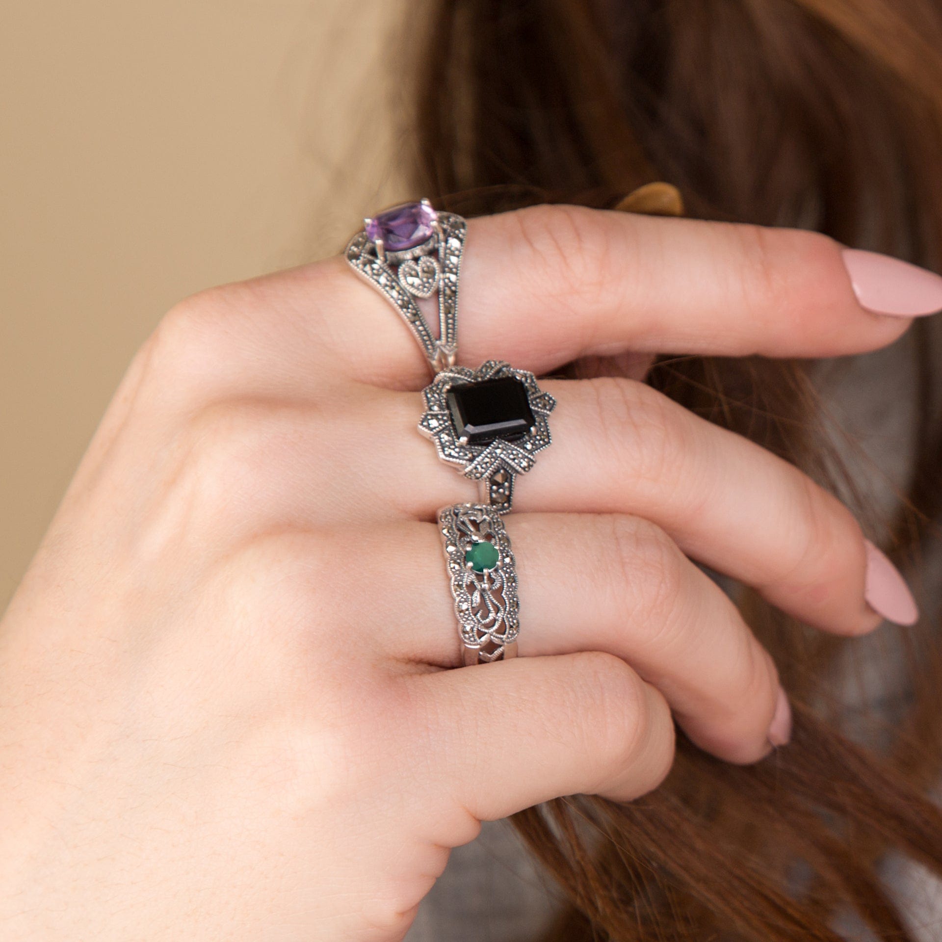 Art Nouveau Style Round Emerald & Marcasite Floral Band Ring in Sterling Silver - Gemondo