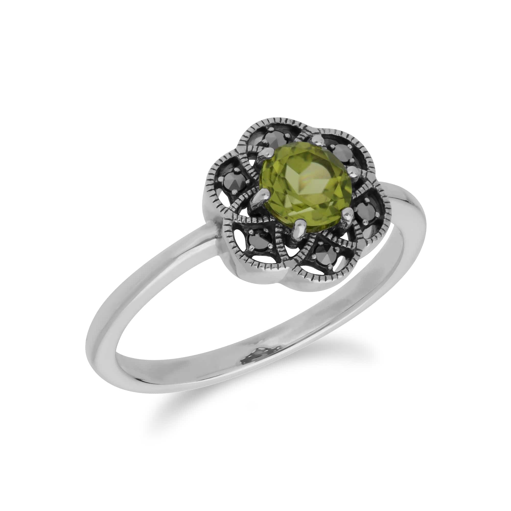 214R599404925 Floral Round Peridot & Marcasite Daisy Ring in 925 Sterling Silver 2