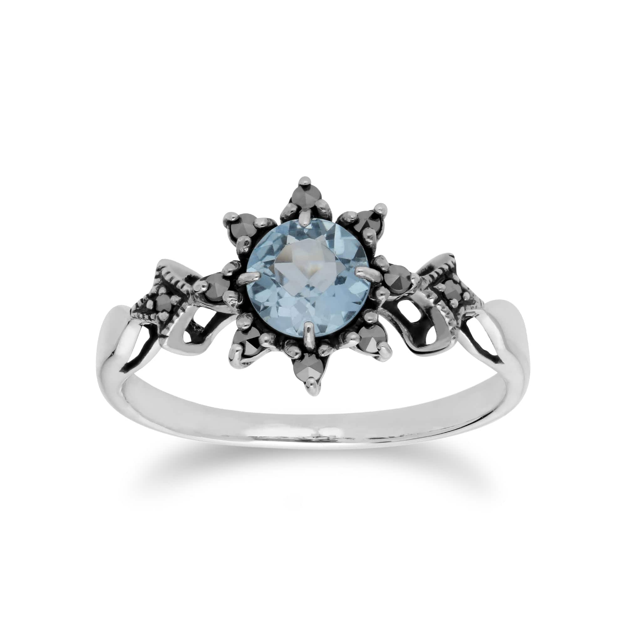 Art Deco Style Round Blue Topaz & Marcasite Floral Ring in 925 Sterling Silver - Gemondo