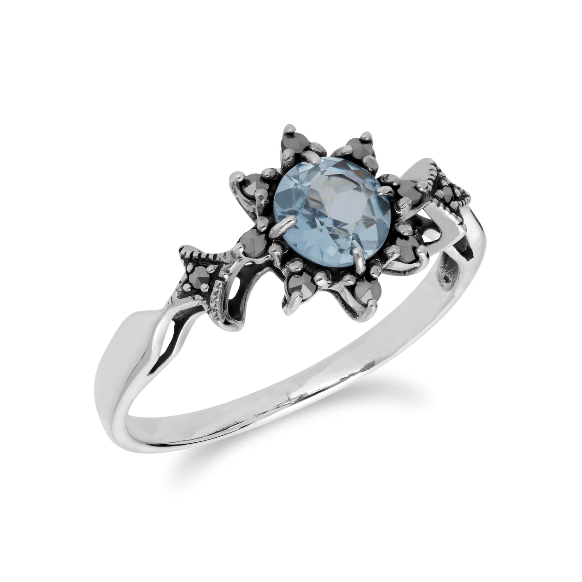 Art Deco Style Round Blue Topaz & Marcasite Floral Ring in 925 Sterling Silver - Gemondo