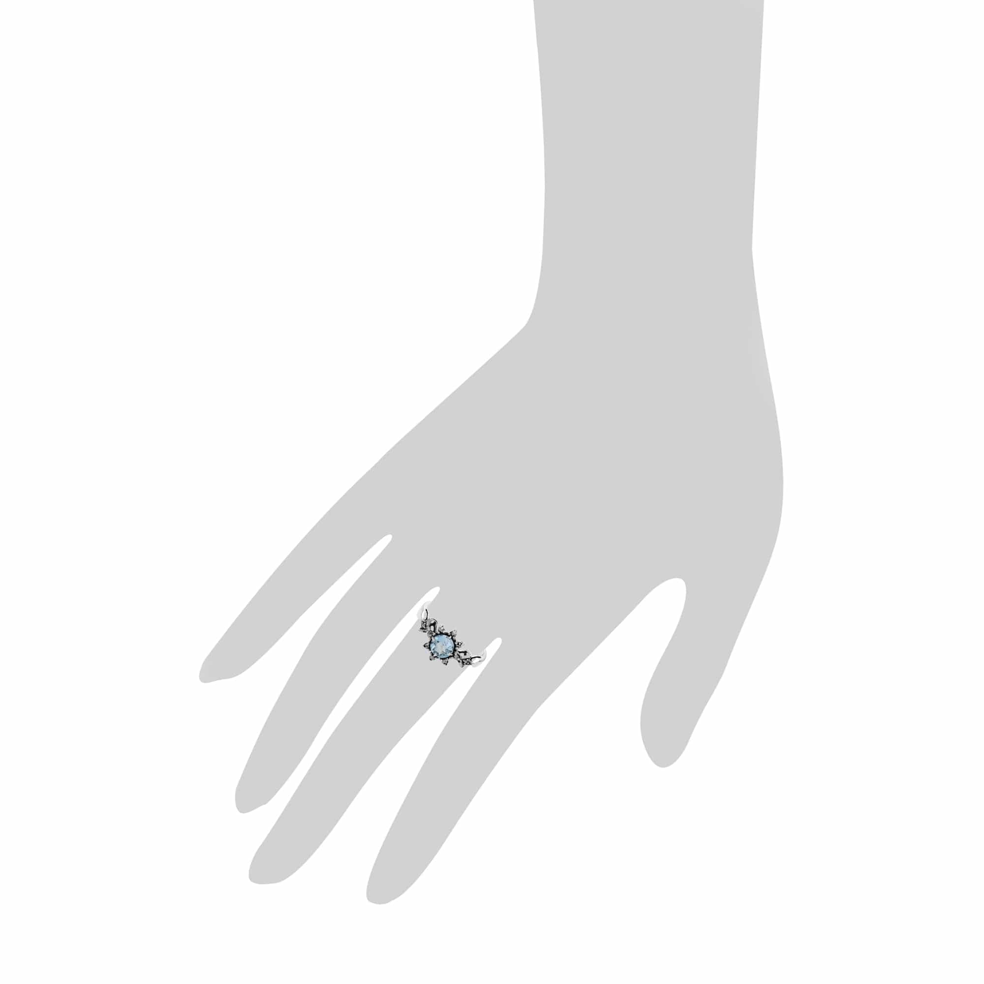 Art Deco Style Round Blue Topaz & Marcasite Floral Ring in 925 Sterling Silver - Gemondo